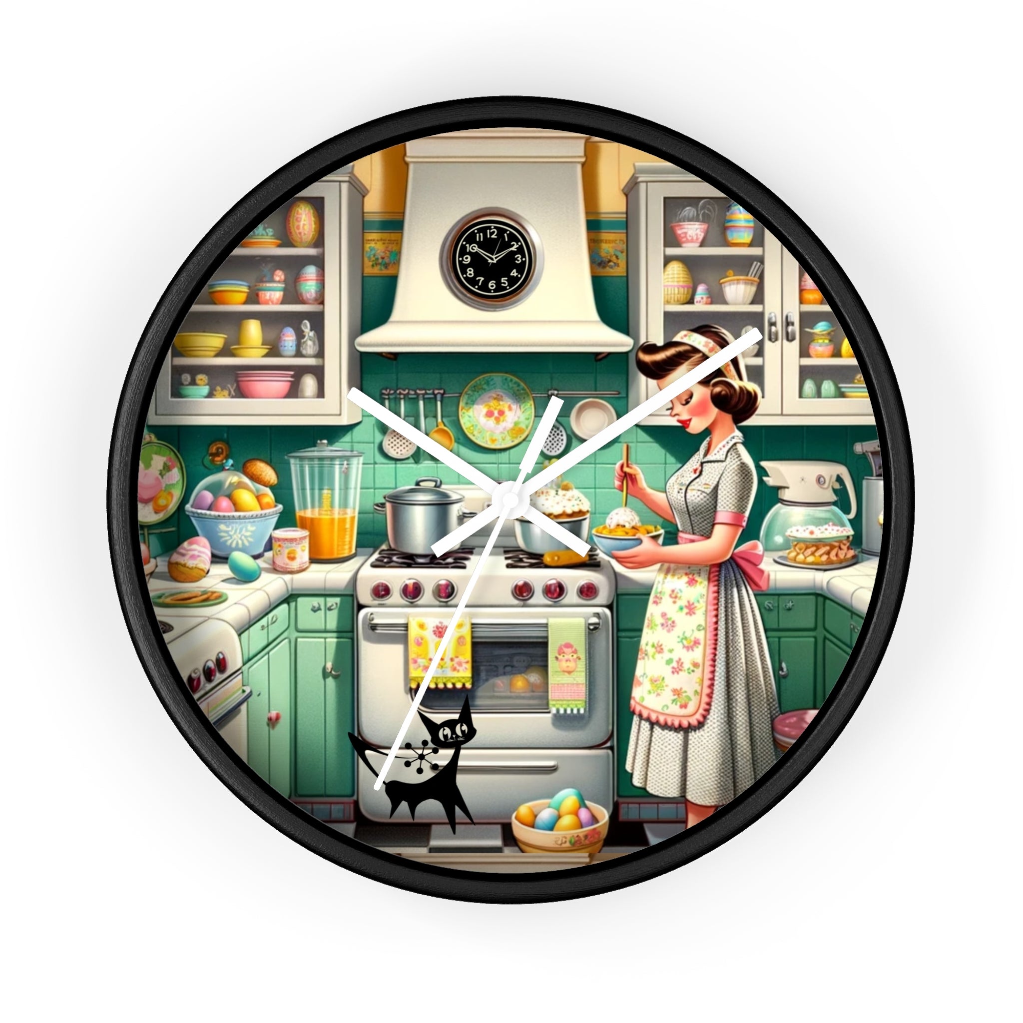 Vintage Kitschy Designed Mid Mod Gal Atomic Cat, Spring Wall Clock with Retro Cooking Design - Mid Century Modern Gal