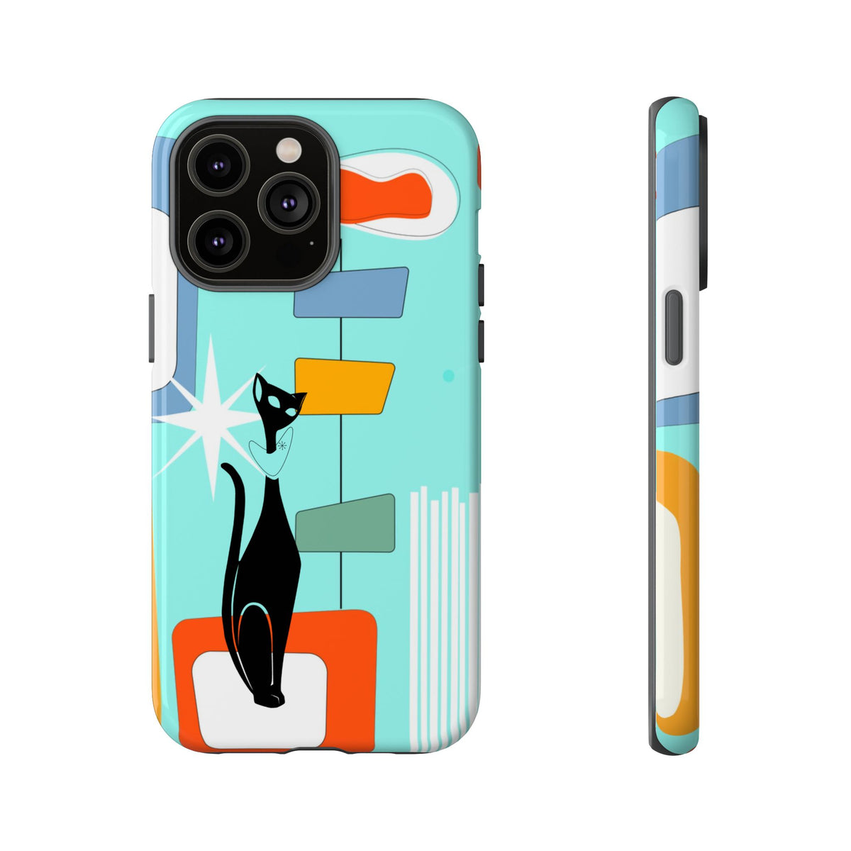 Atomic Cat, Mid Mod Aqua Blue, Geometric, Samsung, Google Pixel, Apple iPhone Tough Cases - Mid Century Modern Gal