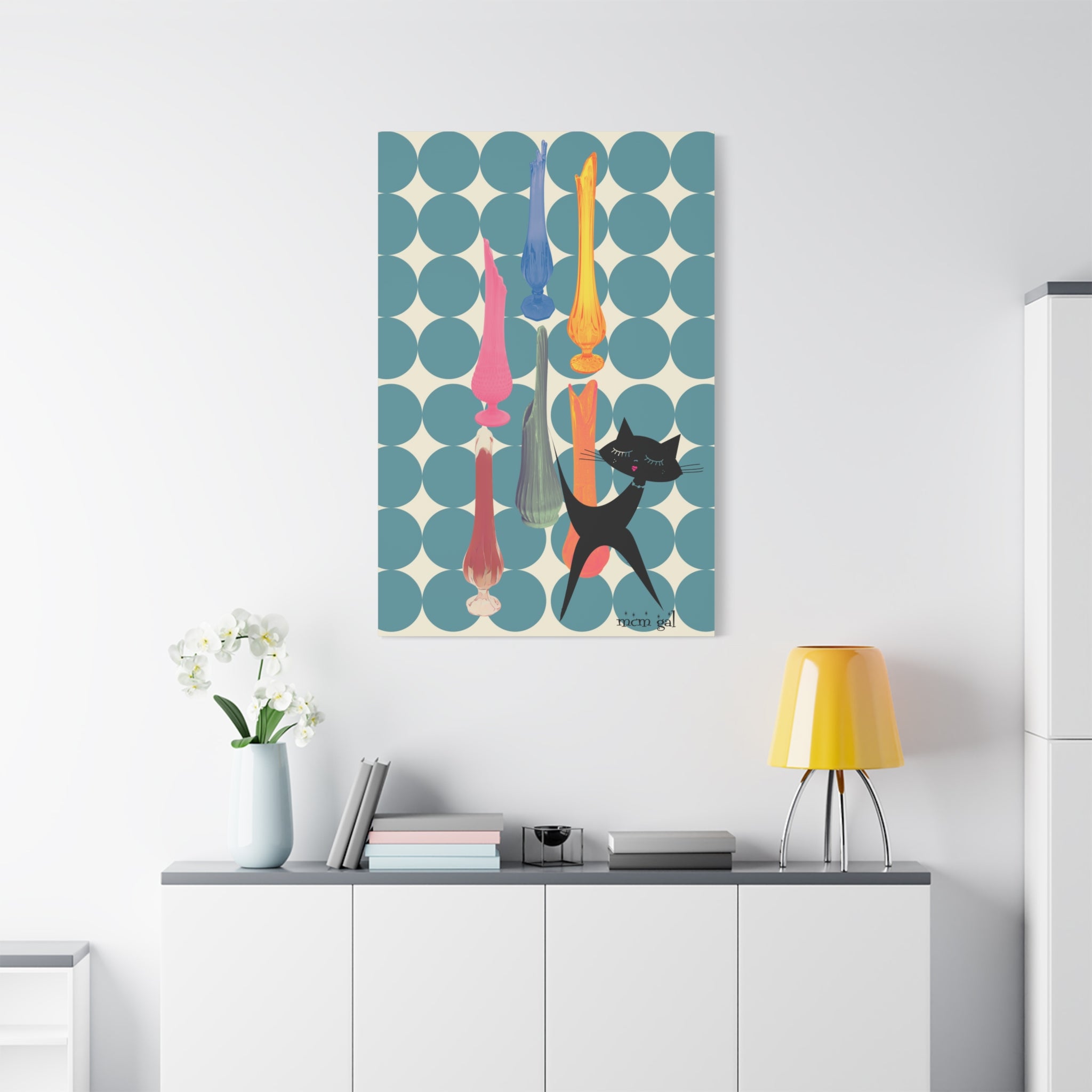 Mid Century Modern Wall Art, MCM Swung Glass Whimsical Cat Artwork Canvas - Mid Century Modern Gal
