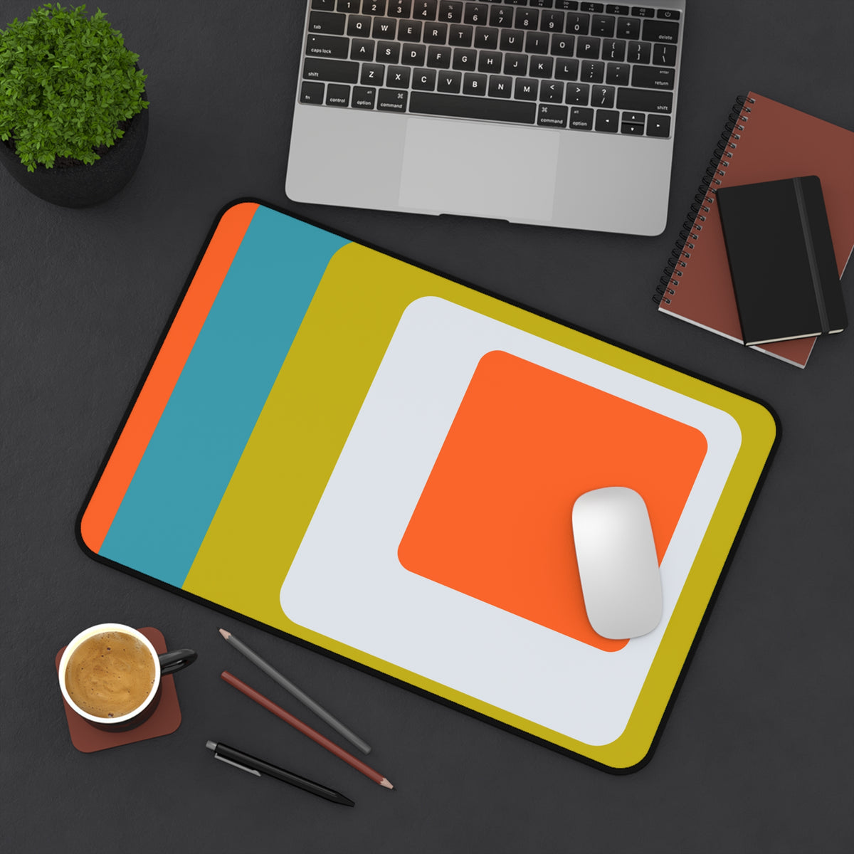 Hipster 70's Modern Retro Green, Orange, White, Teal Blue MCM Home Decor Desk Mat - Mid Century Modern Gal