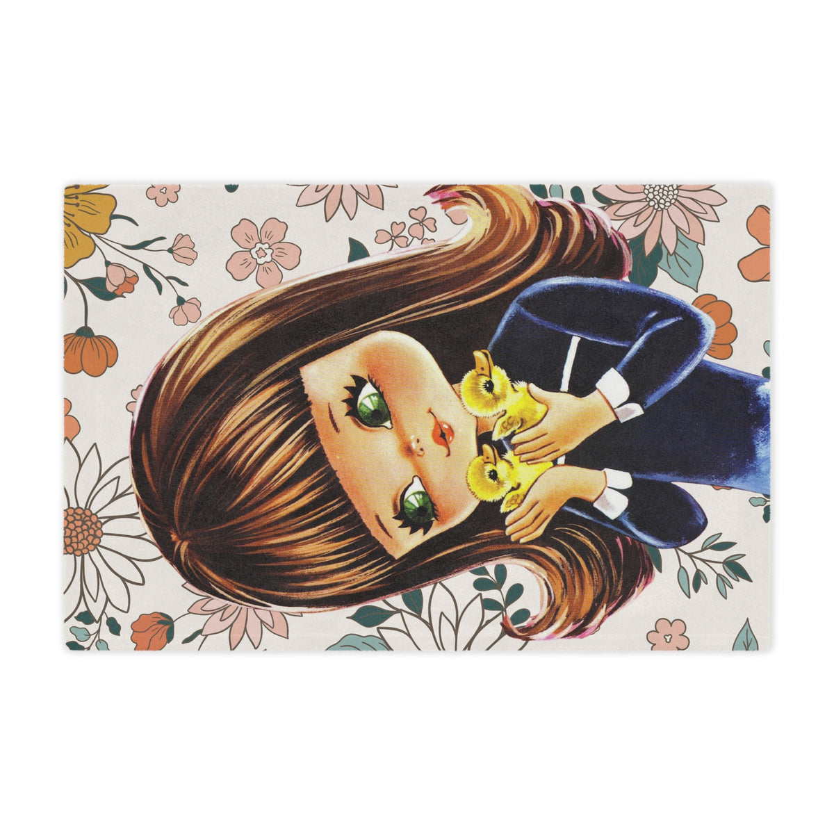 70's Groovy Style, Big Eyed Girl, Brown Hair, Flower Power, Baby Ducklings, Retro 1970's Home Decor Minky Blanket - Mid Century Modern Gal