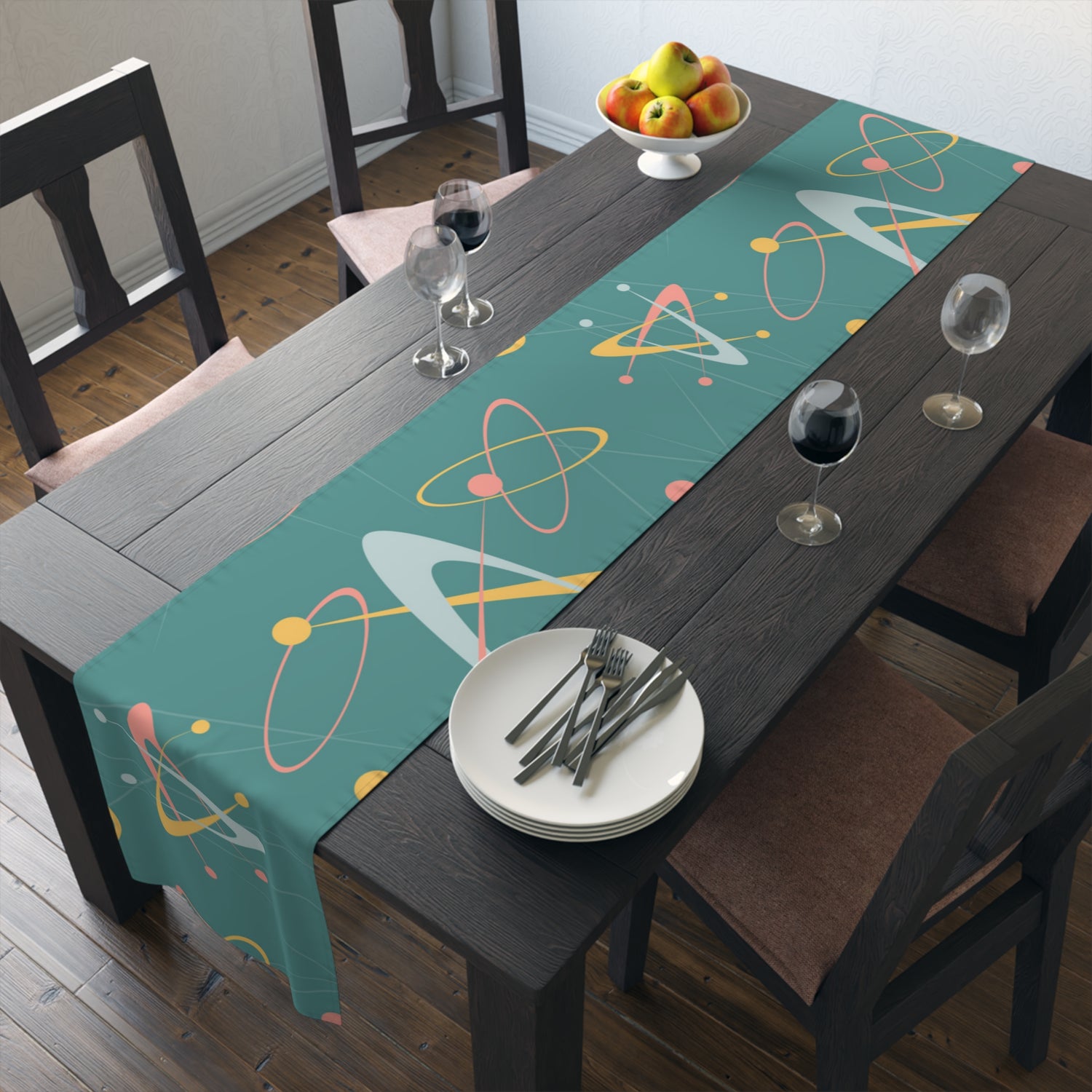1950s Atomic Table Runner, Teal, Pink, Yellow Boomerang Abstract Retro Kitchen - Mid Century Modern Gal