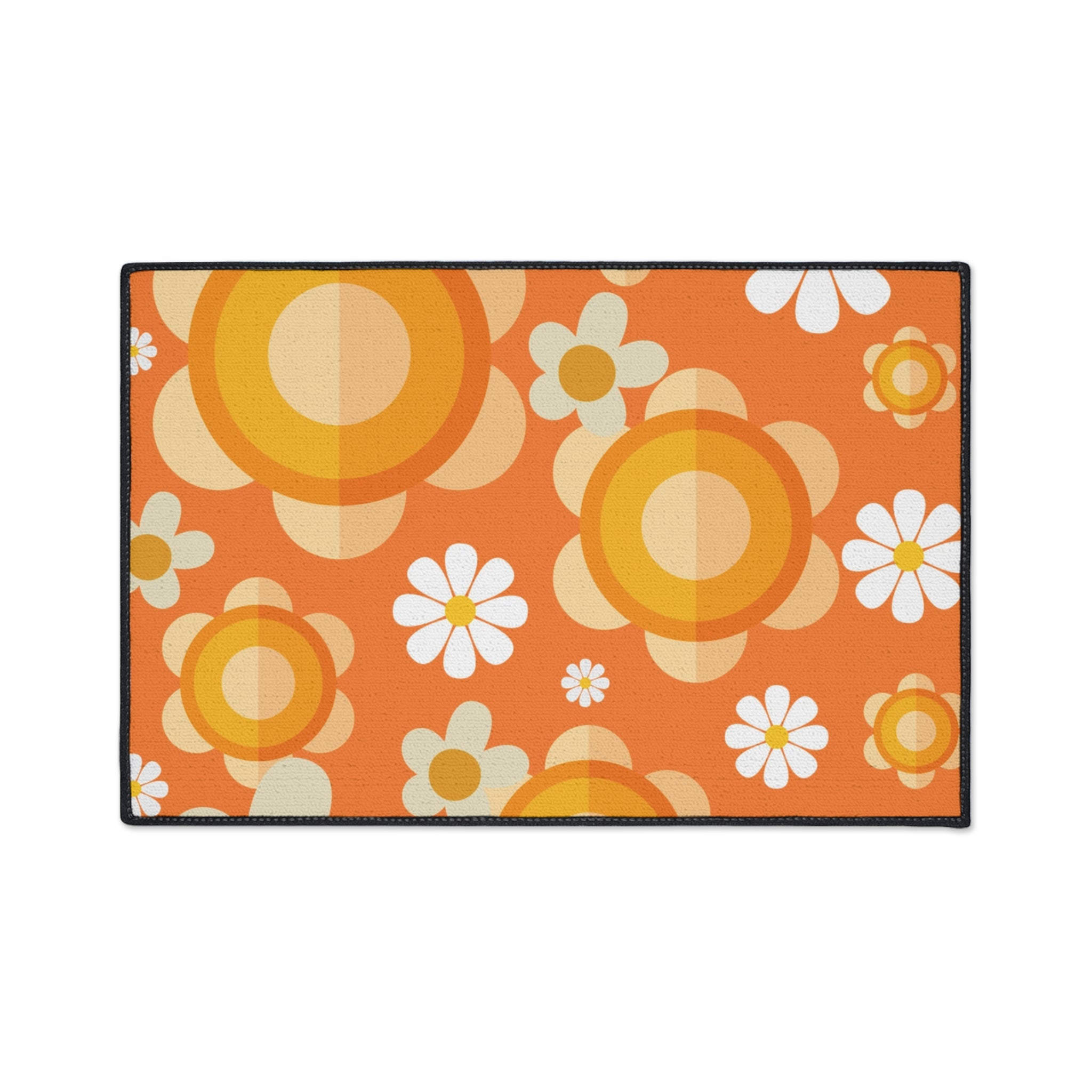 Retro Floral Orange, White Mod Daisy Heavy Duty Floor Mat - Ideal for Home Décor and Entryways - Mid Century Modern Gal