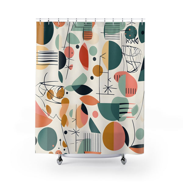 Mid Century Modern Shower Curtain, Abstracts, Geometric, MCM Teal, Orange, Colorful Design