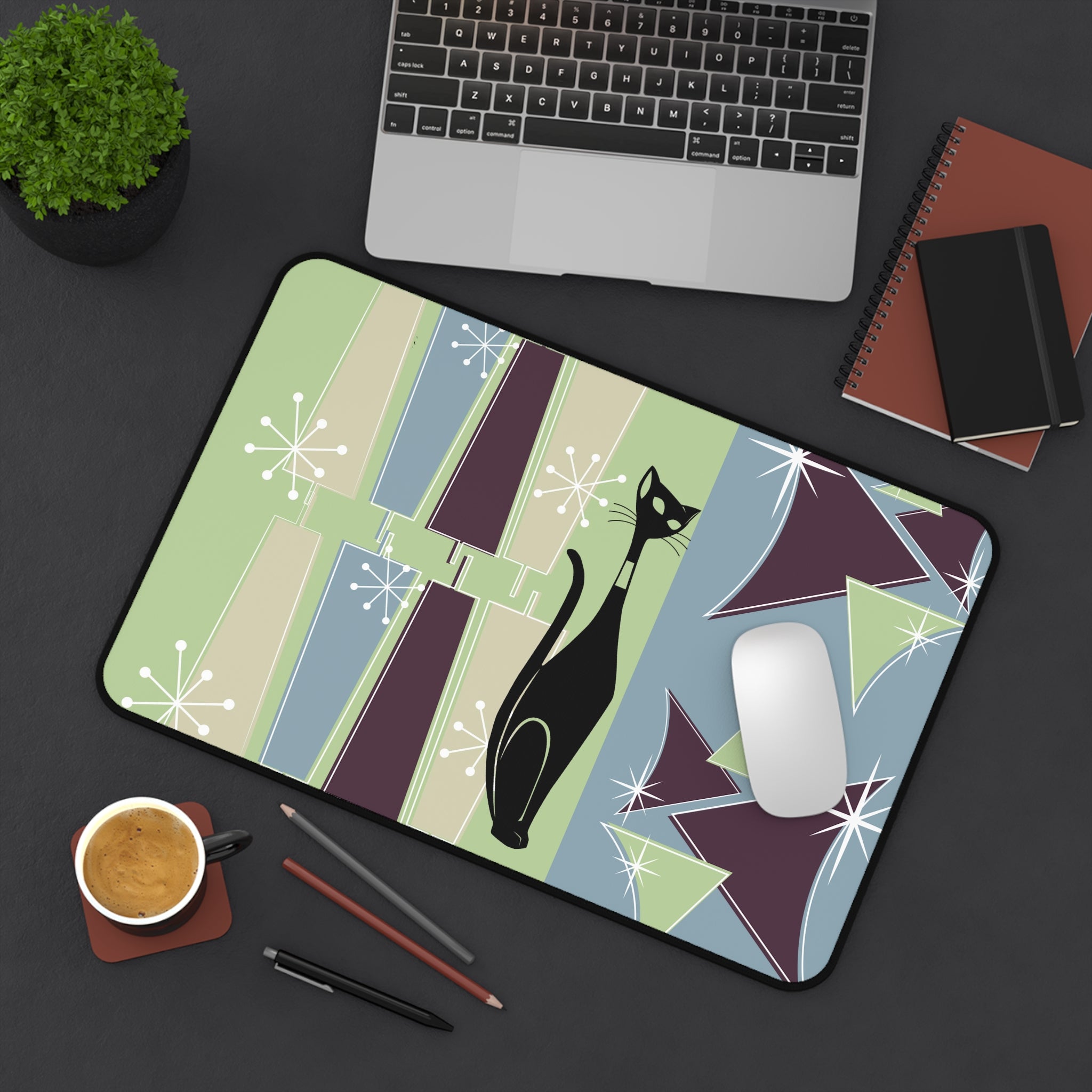 Mid Century Modern, Atomic Cat, Green, Blue, Purple, Starburst Retro MCM Desk Mat - Mid Century Modern Gal