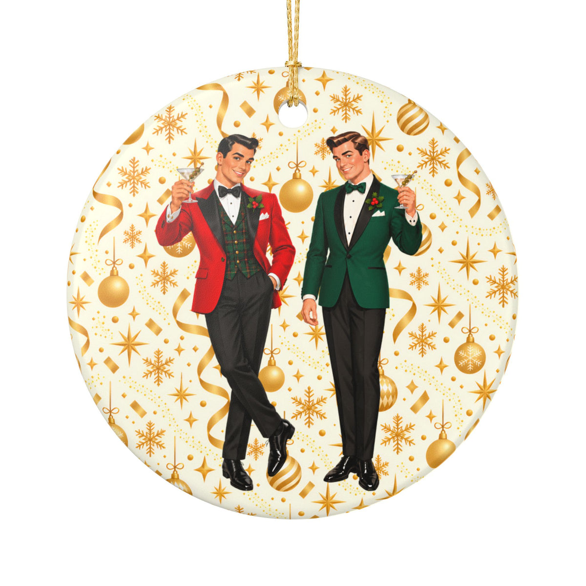 Mid Century Modern Christmas Martini Dapper Gay Male Couple Ceramic Christmas Tree Ornament