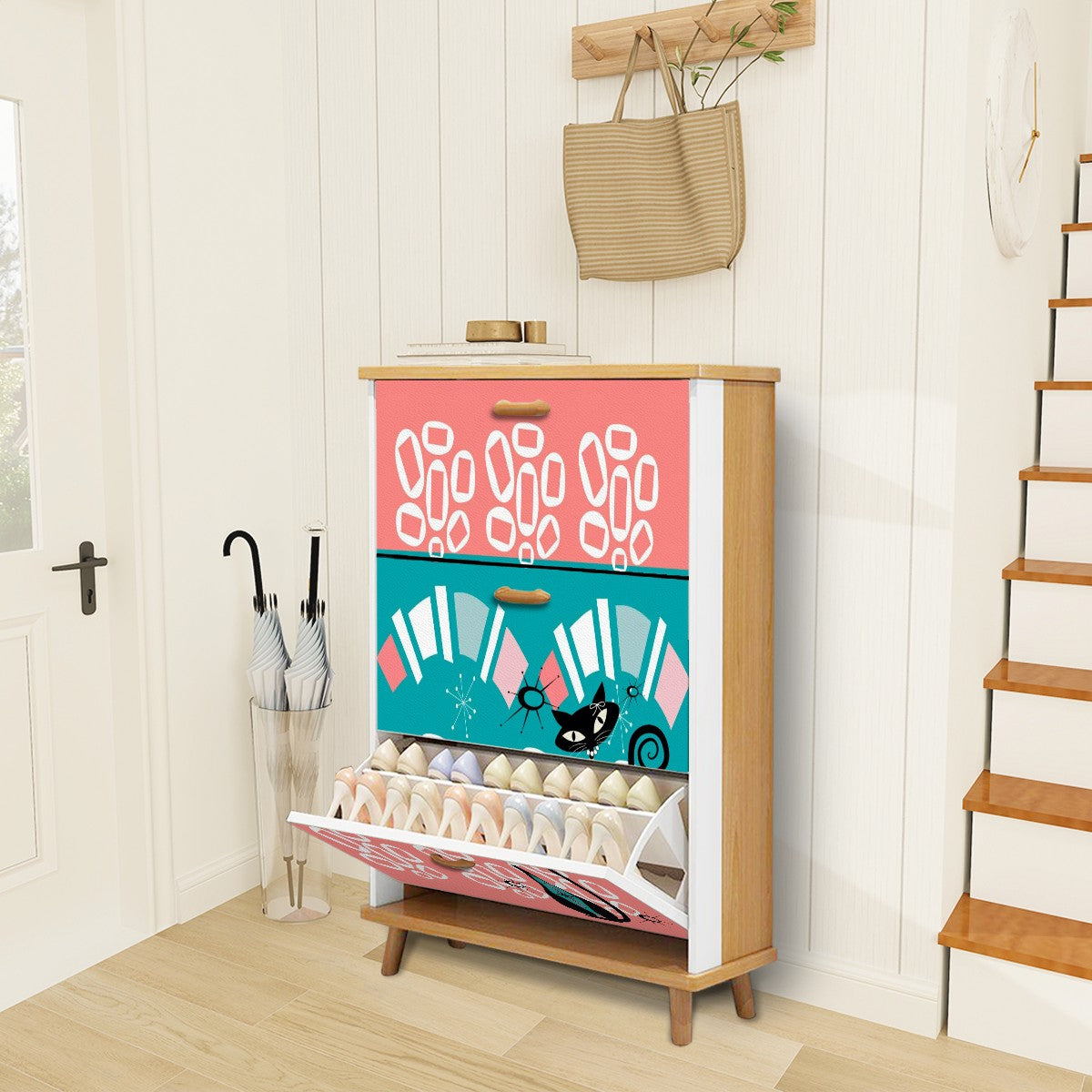 Mid Century Modern Storage Shoe Cabinet, Coral, Teal Kitschy Mod Cat Design - Mid Century Modern Gal