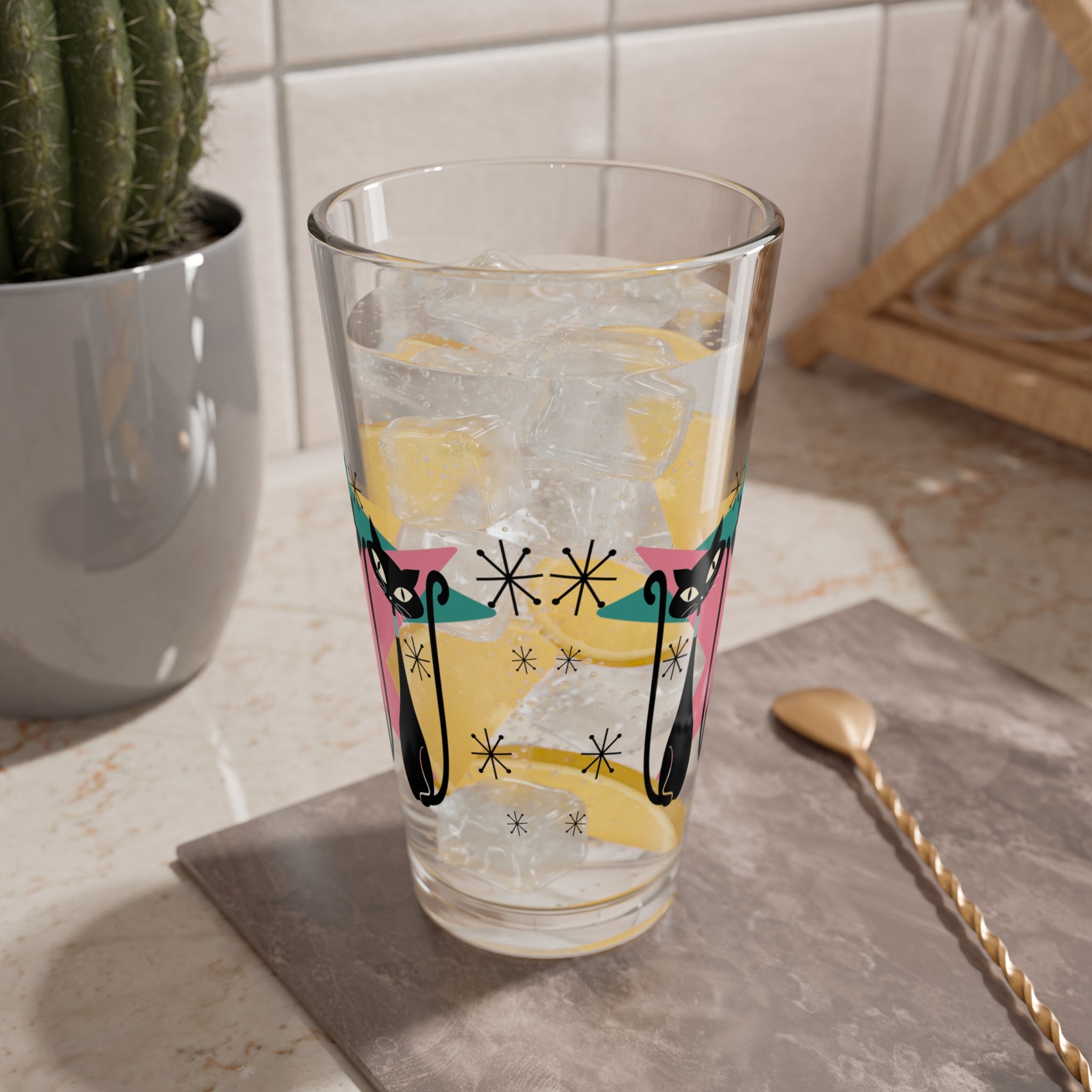 50s Atomic Cats, Kitschy Mid Century Modern Glass, Pink, Teal, Starbursts Shaker, Cocktail, Mocktail MCM Party Drinkware - Mid Century Modern Gal