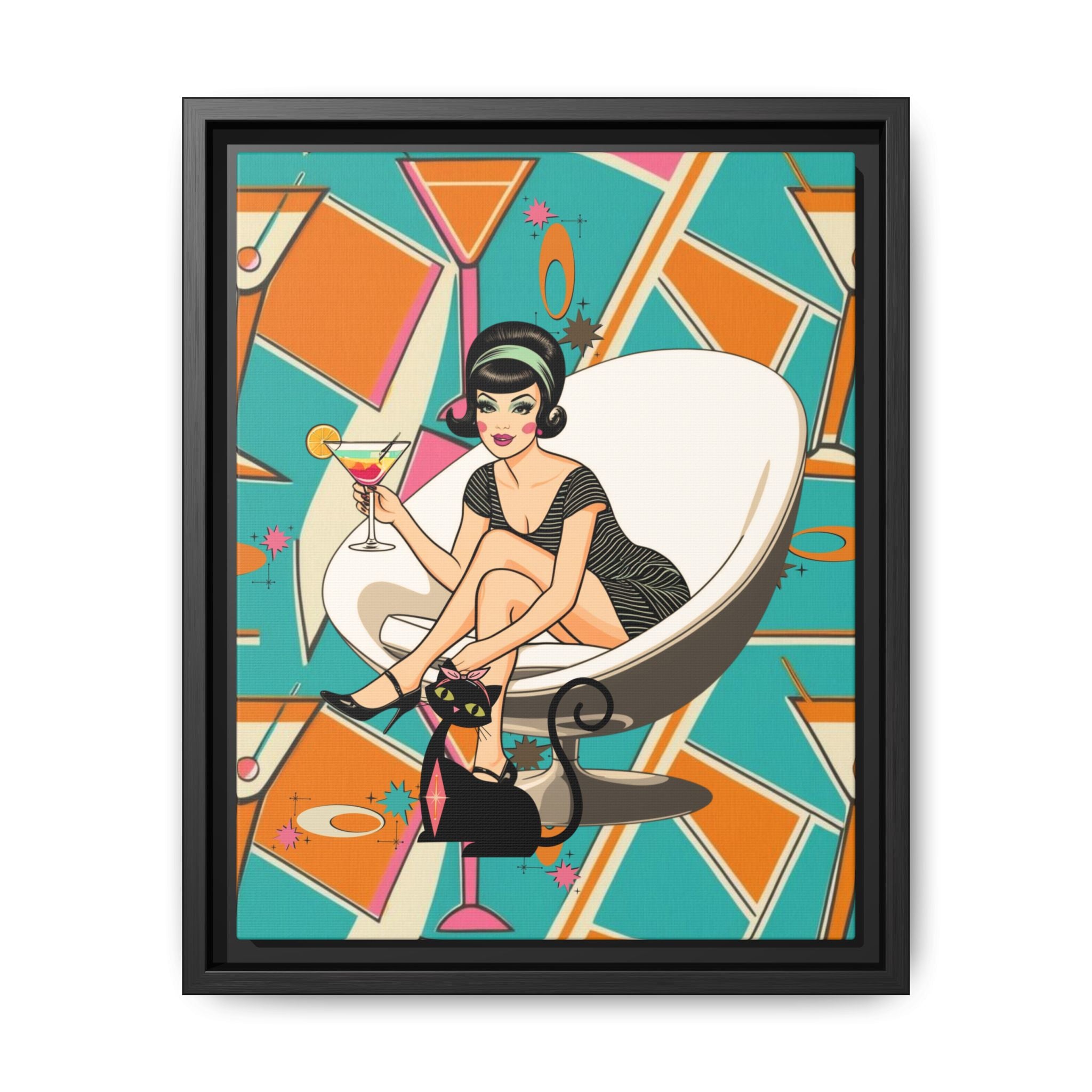 Mid Mod 60s Gal, Atomic Cat Barware Wall Art - Framed Matte Canvas with Vintage Cocktail And Retro Cat Design - Mid Century Modern Gal