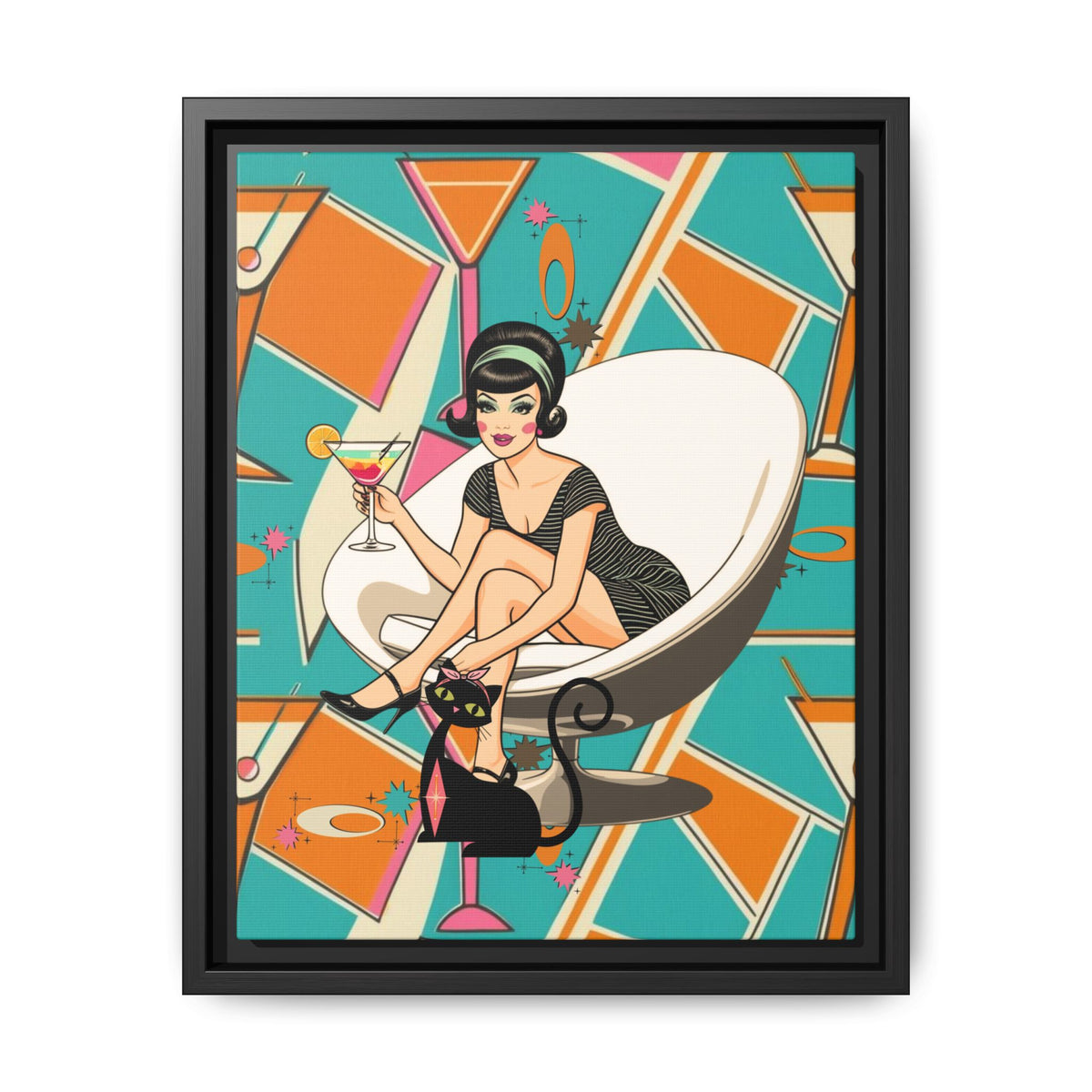 Mid Mod 60s Gal, Atomic Cat Barware Wall Art - Framed Matte Canvas with Vintage Cocktail And Retro Cat Design - Mid Century Modern Gal