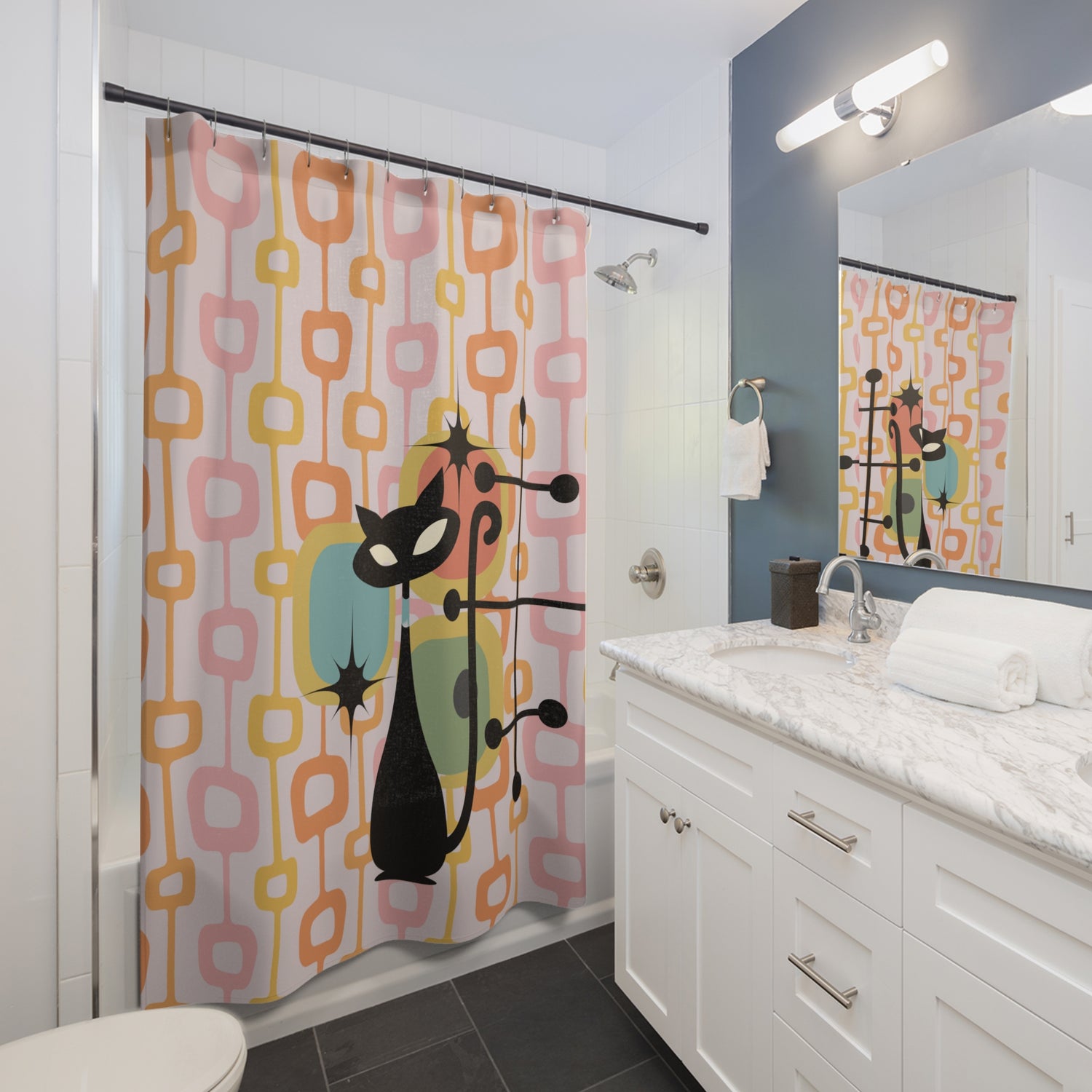 Atomic Cat Pink, Orange, Mid Mod Retro Kitschy 50s Style Shower Curtain - Mid Century Modern Gal