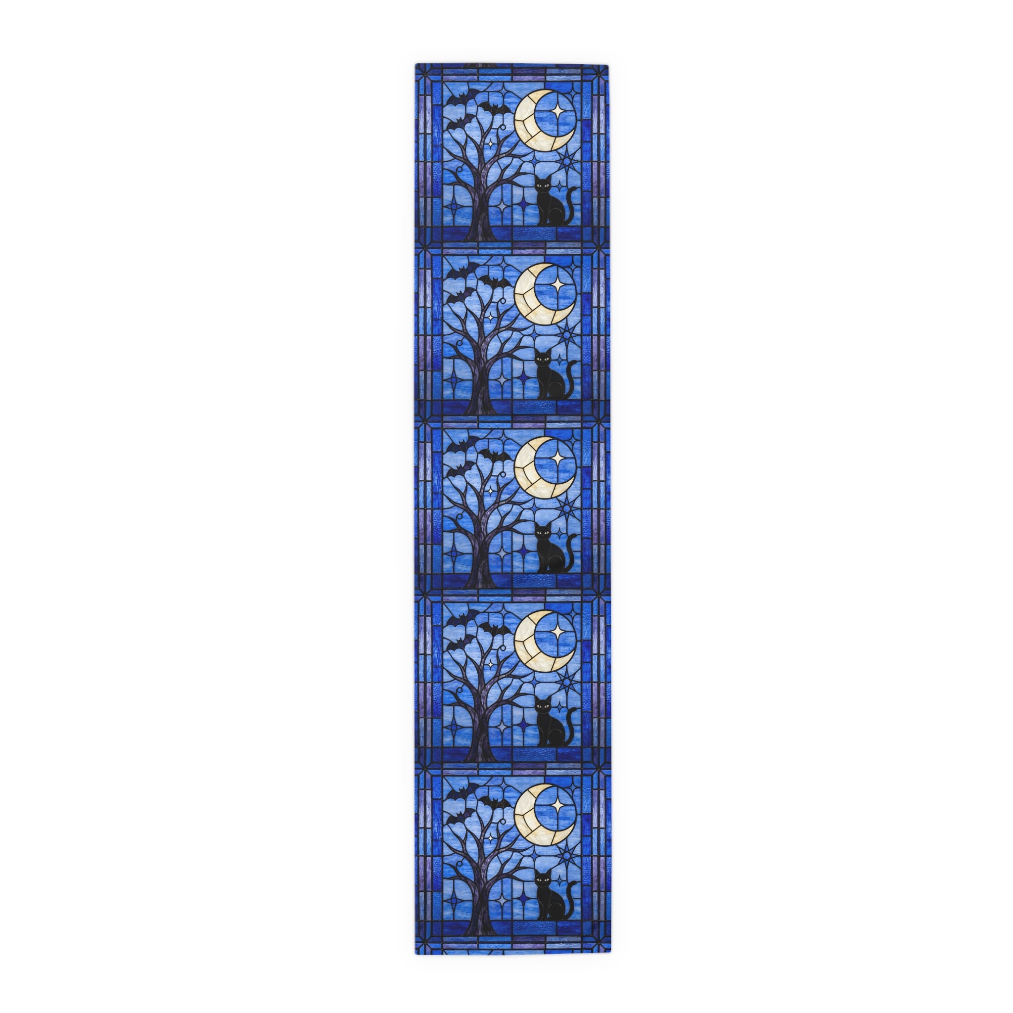 Halloween Stained Glass Style Night Sky Black Cat Table Runner