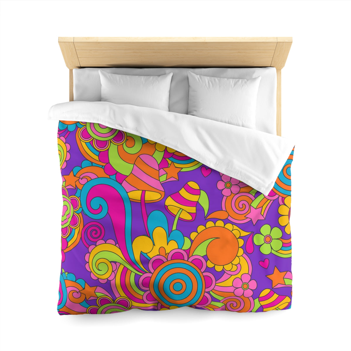 60s 70s Groovy Retro Purple, Pink Orange, Mushroom, Hippie Style Microfiber Duvet Cover - Mid Century Modern Gal
