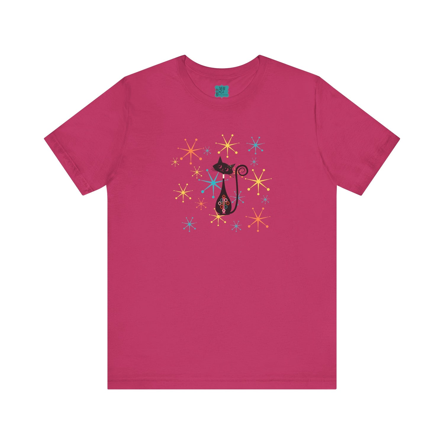 Atomic Cat Mid Century Modern Starburst Whimsical Cat Short Sleeve Tee - Colorful Star Design - Mid Century Modern Gal