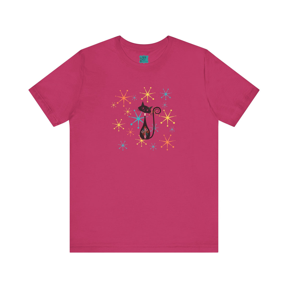 Atomic Cat Mid Century Modern Starburst Whimsical Cat Short Sleeve Tee - Colorful Star Design - Mid Century Modern Gal