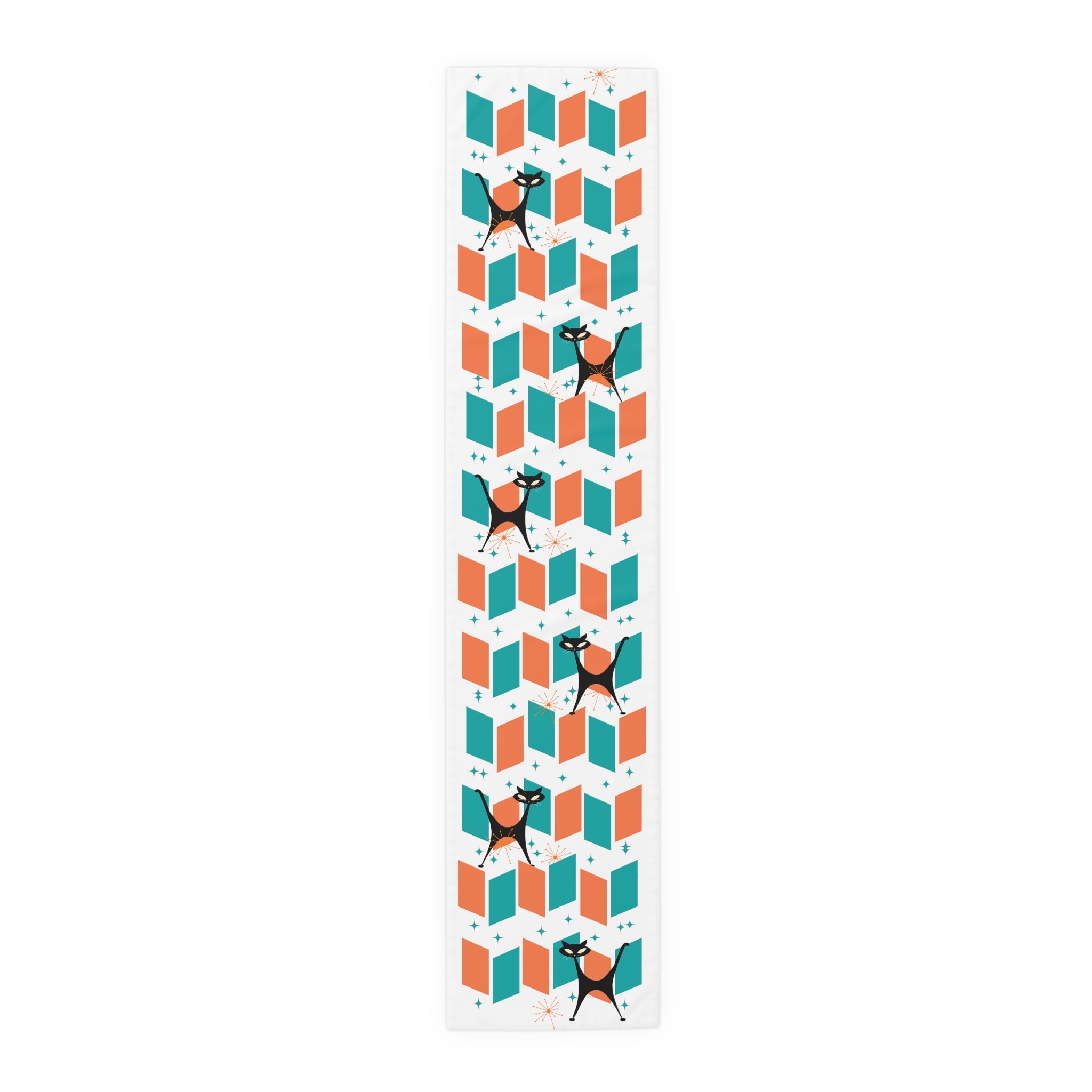 Atomic Cat Mid Mod Orange, Teal, Kitschy Retro Table Runner - Mid Century Modern Gal