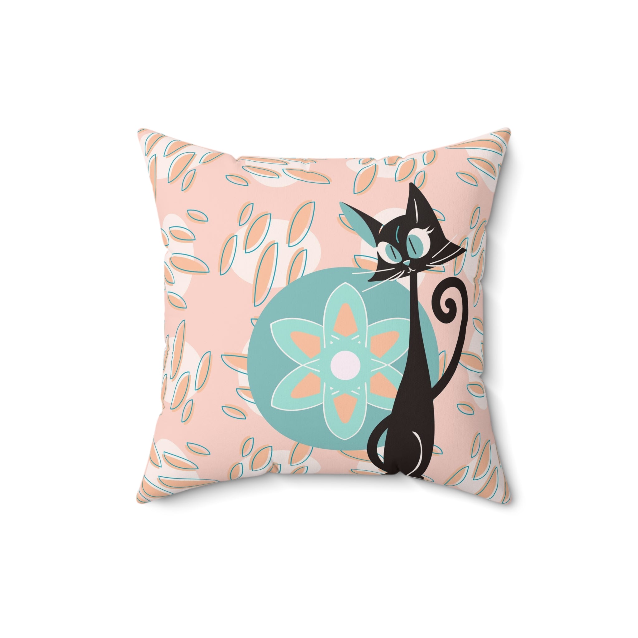 Atomic Cat, Groovy Retro Mid Century Modern Coral Pink, Blue, Orange, Hipster Pillow And Insert - Mid Century Modern Gal