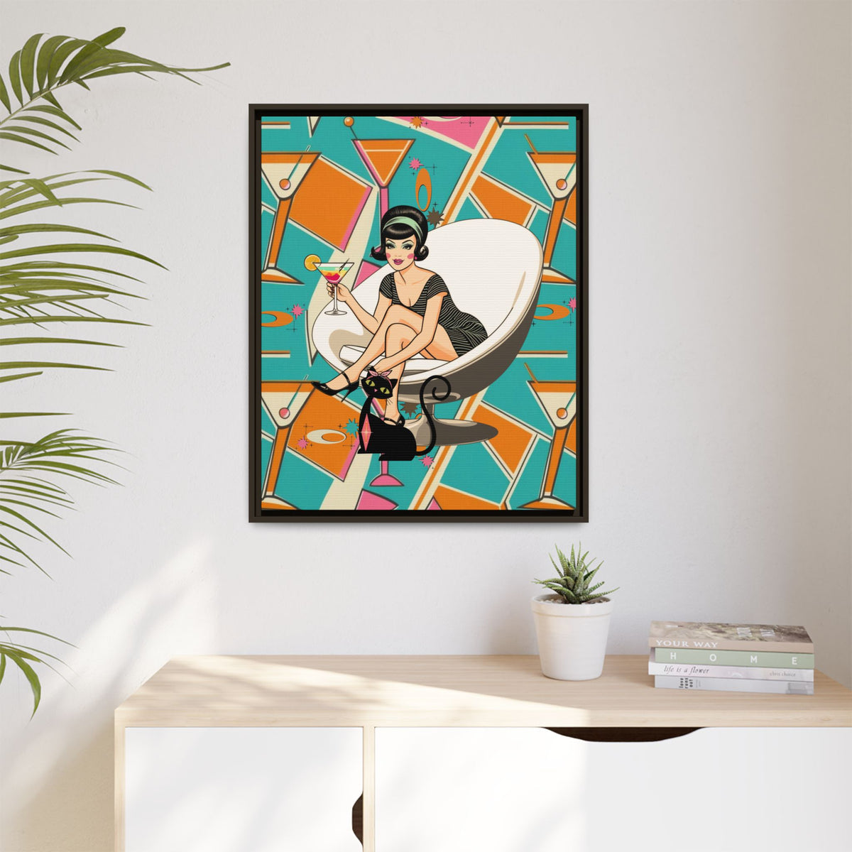 Mid Mod 60s Gal, Atomic Cat Barware Wall Art - Framed Matte Canvas with Vintage Cocktail And Retro Cat Design