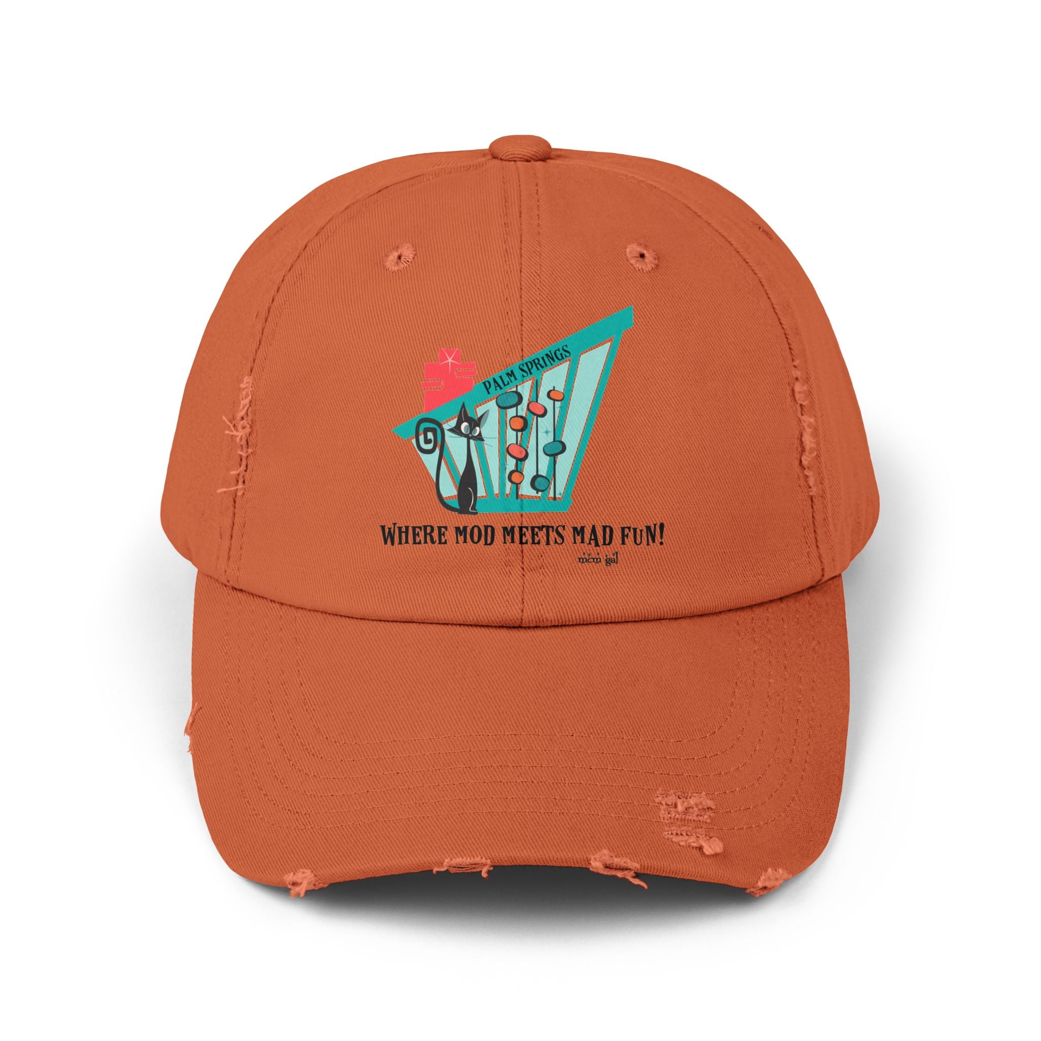 Modernism Week Palm Springs California, Mid Mod Funky Fun Retro Distressed Cap - "Where Mod Meets Mad Fun!" - Mid Century Modern Gal