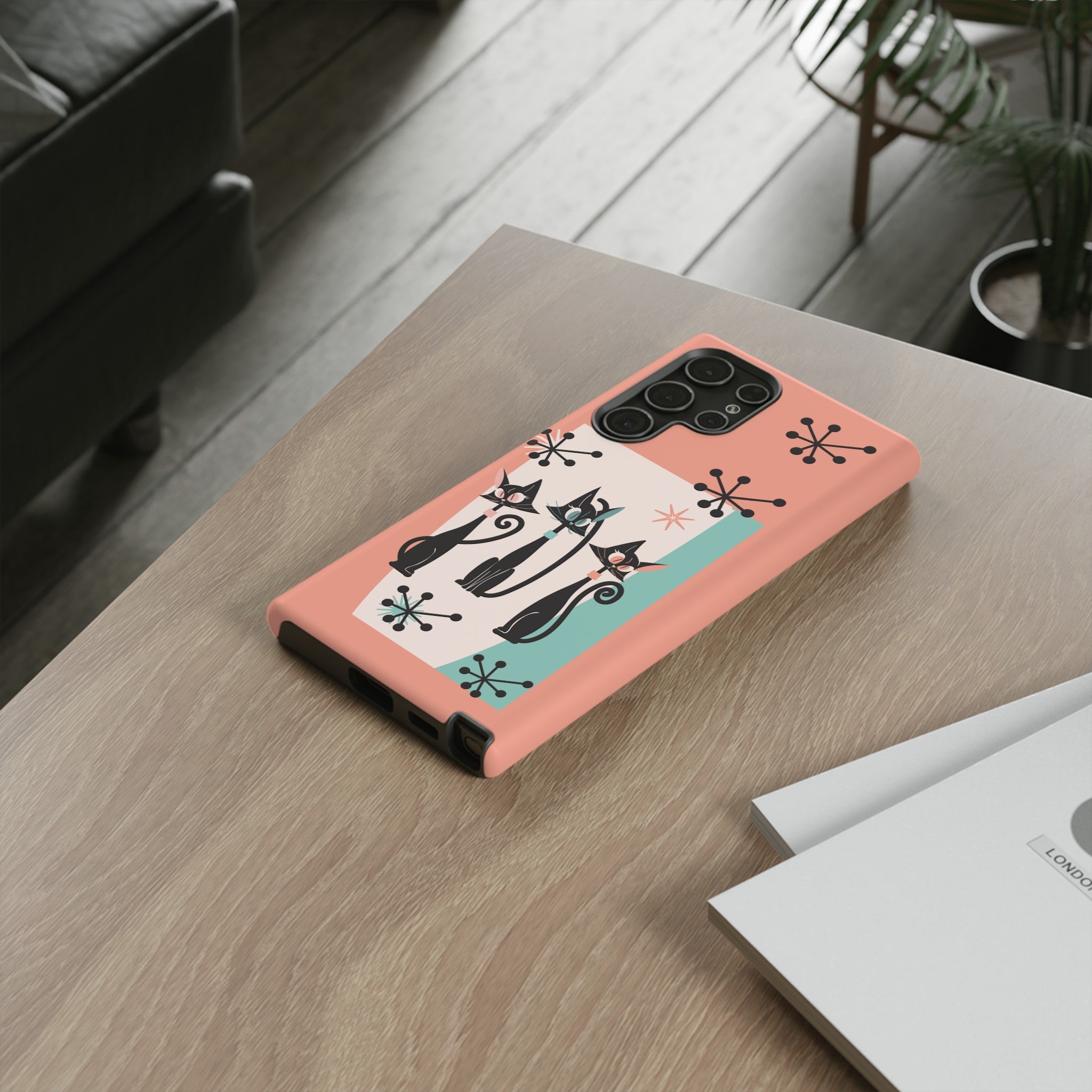Atomic Cat Mid Mod Coral Aqua Blue Starburst Kitschy Fun Chic Samsung, Smart Phones Tough Cases - Mid Century Modern Gal