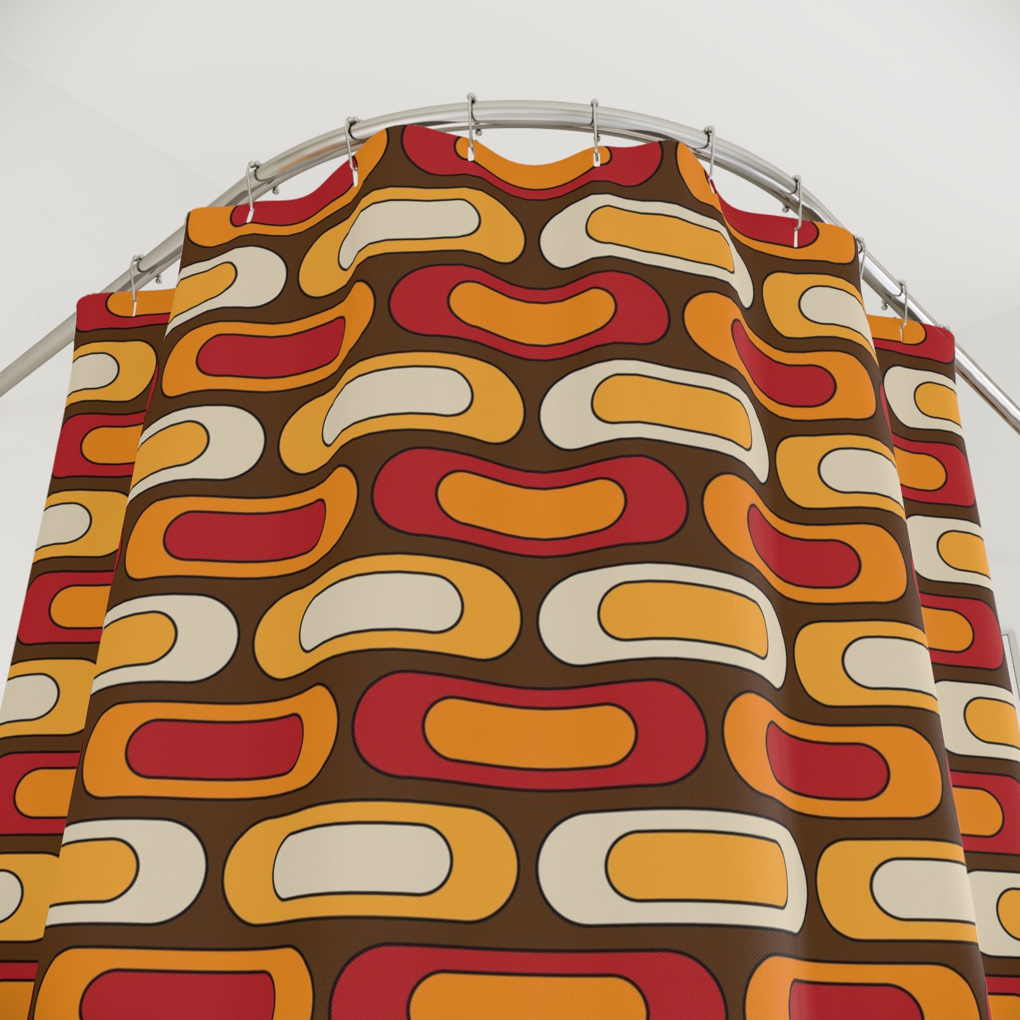 Retro Geometric Mid Mod Brown Orange Yellow, Burnt Red MCM Shower Curtain - Mid Century Modern Gal