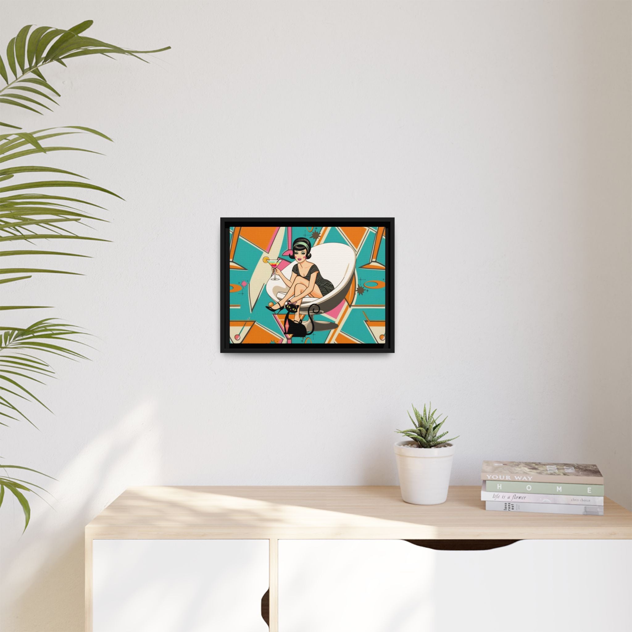 Mid Mod 60s Gal, Atomic Cat Barware Wall Art - Framed Matte Canvas with Vintage Cocktail And Retro Cat Design - Mid Century Modern Gal