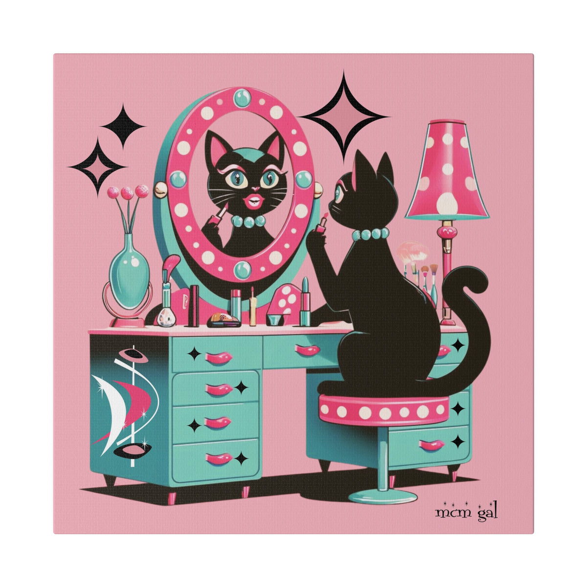 Atomic Cat Wall Art, Mid Mod Pink Boutique Atomic 50s Vanity Pretty Glam Cat Matte Canvas - Mid Century Modern Gal