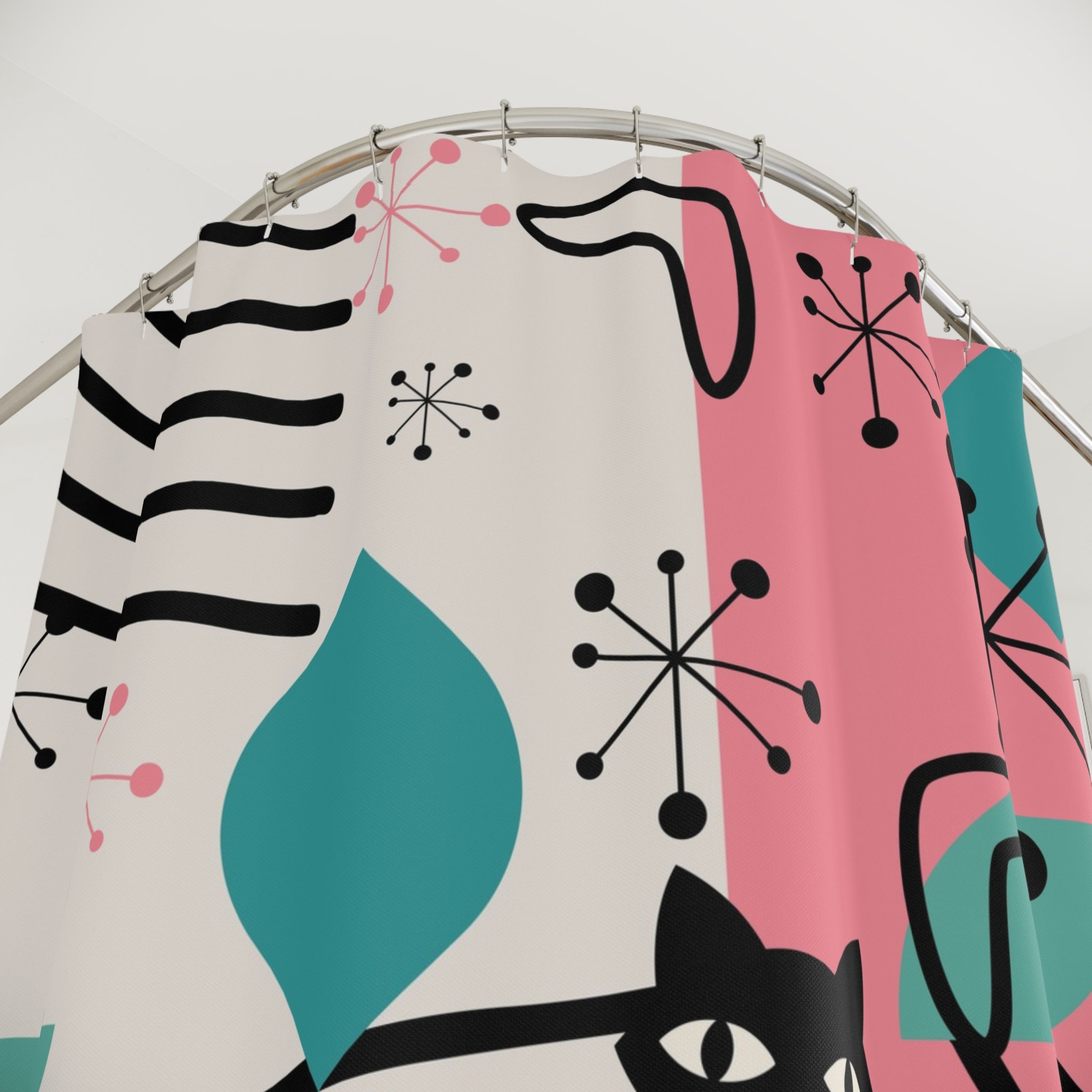 Mid Century Modern Atomic Kitschy Cats, Pink, Aqua Retro Bathroom Shower Curtain - Mid Century Modern Gal