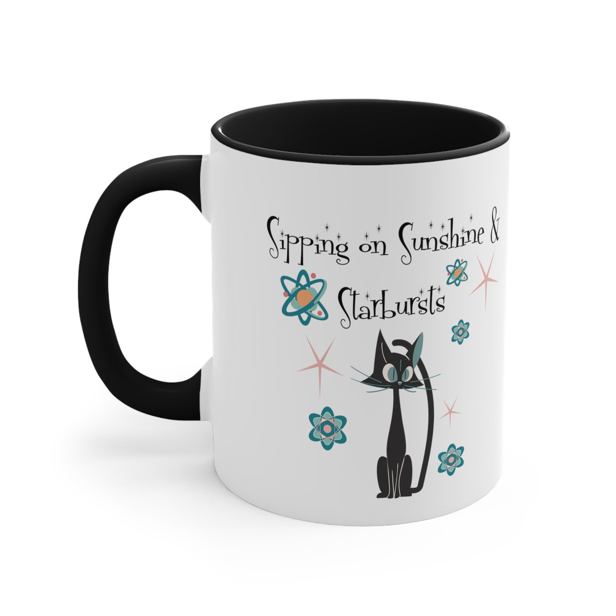 Atomic Cat Coffee Mug, Sipping On Sunshine, Mid Century Modern Style, Atoms, Starbursts Gifts For Couples, Mom, Mid Mod Friend - Mid Century Modern Gal