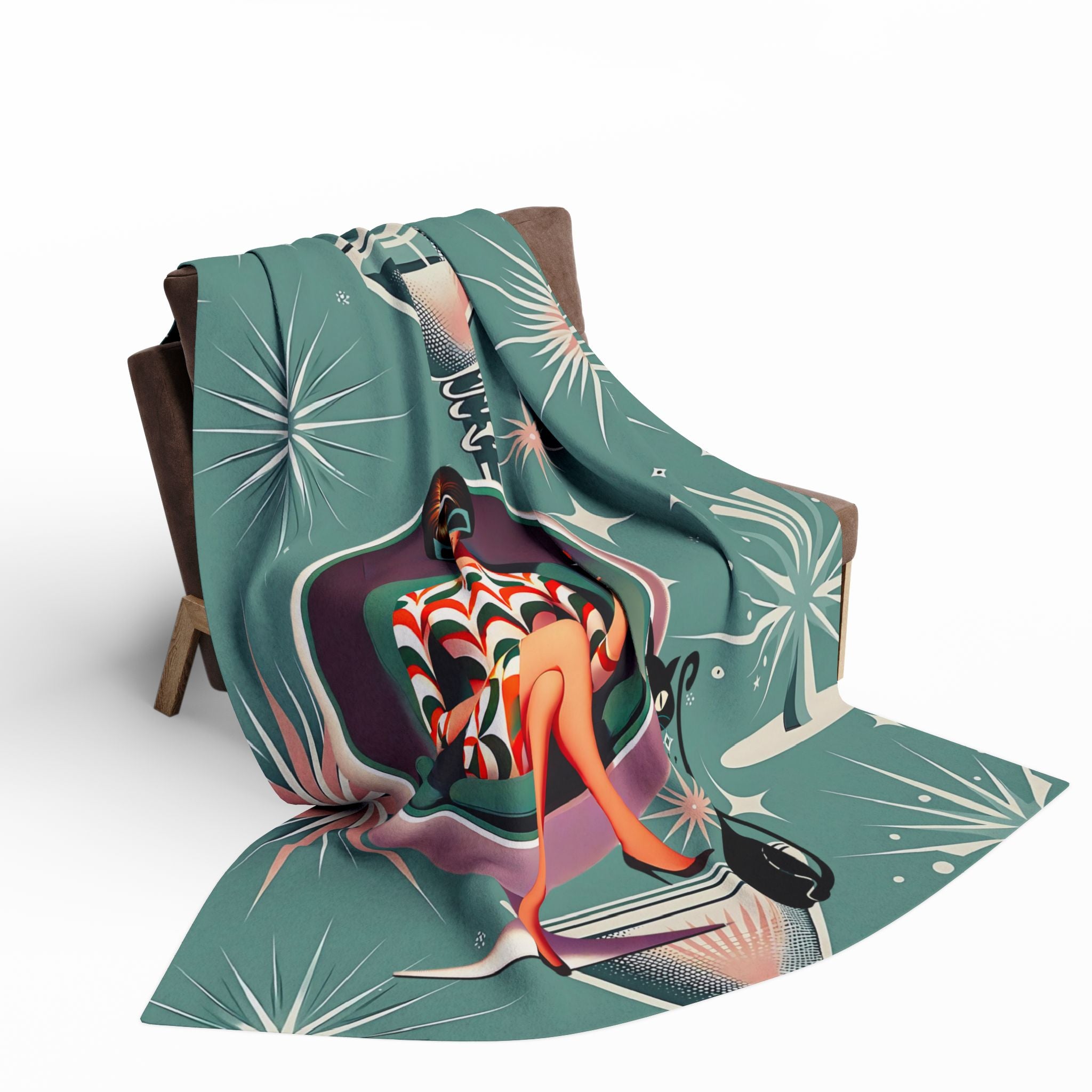 Mid Mod 60s Gal, Retro Glam Arctic Fleece Blanket | Mid-Century Modern Design with Martini & Cat - Mid Century Modern Gal