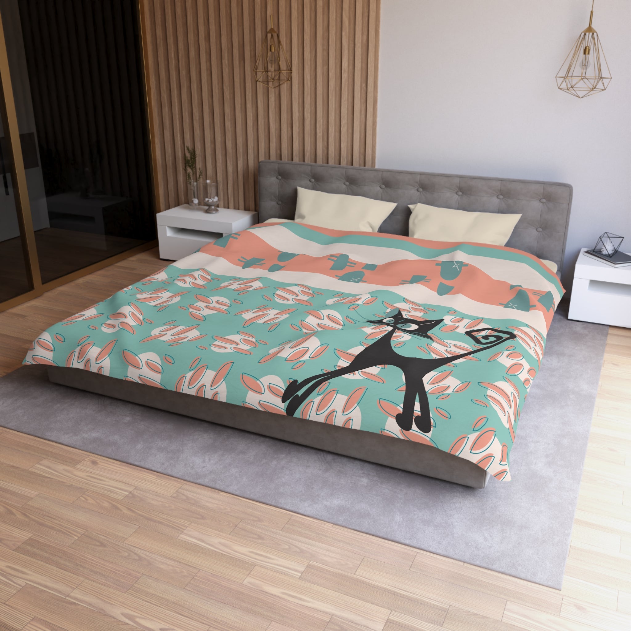 50s Nostalgic Atomic Cat Mid Century Modern Aqua, Coral Pink Peach, Kitschy Mid Century Modern Duvet Cover - Mid Century Modern Gal