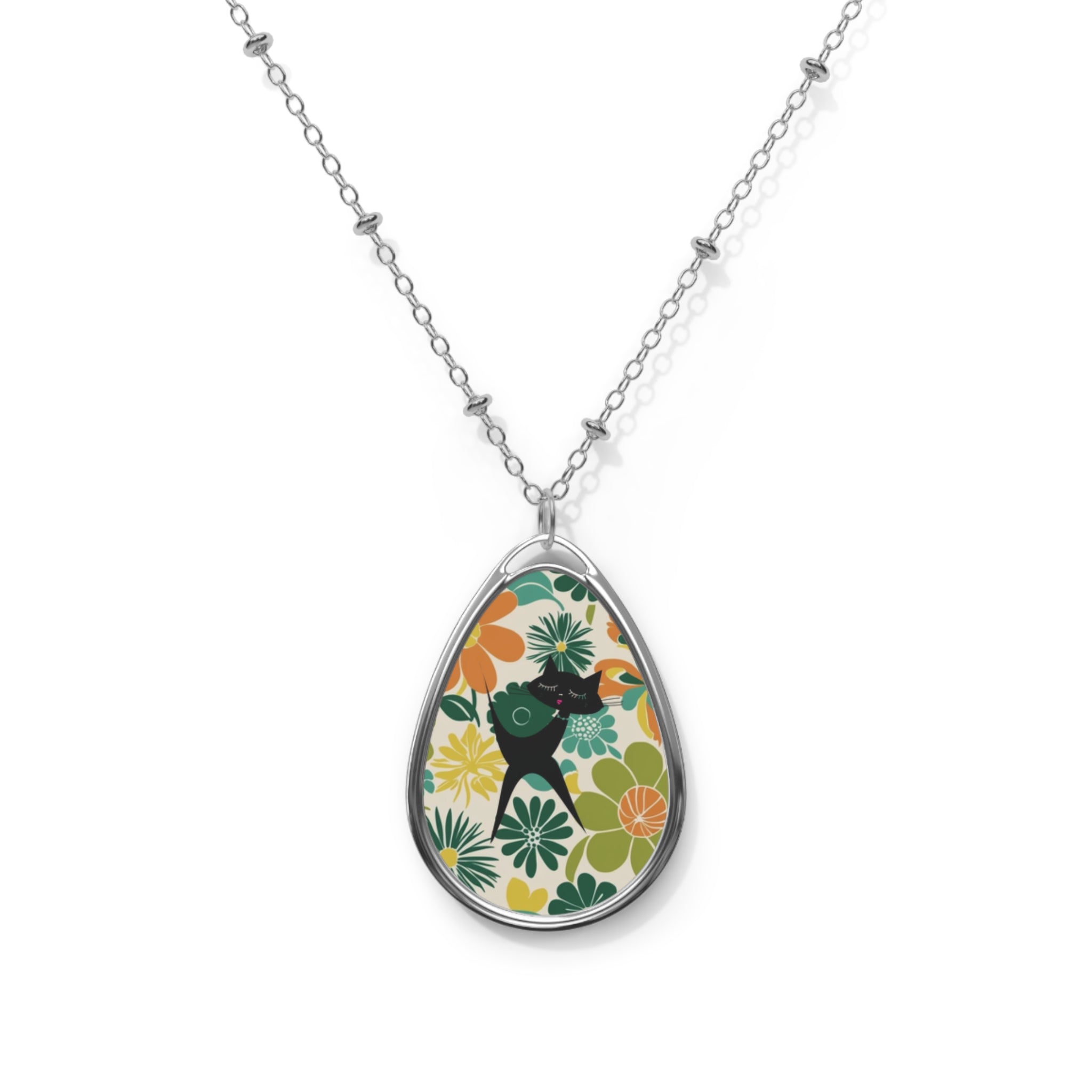 Retro 70s Flower Power Atomic Cat Mid Mod Floral Teardrop Oval Necklace - Mid Century Modern Gal