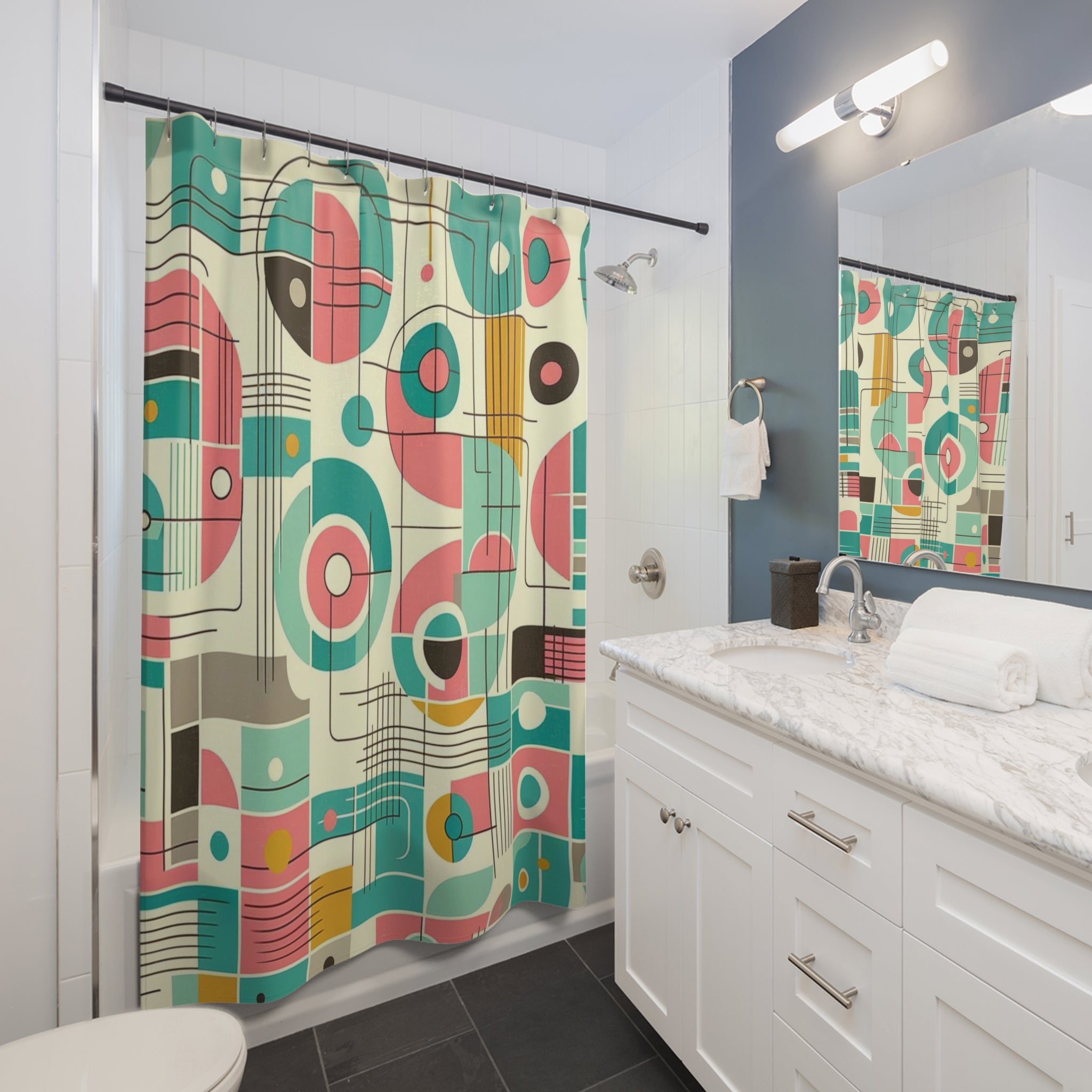 Mid Century Modern Shower Curtain, Geometric Pink, Mint, Abstract Bespoke MCM Retro Shower Curtain - Mid Century Modern Gal
