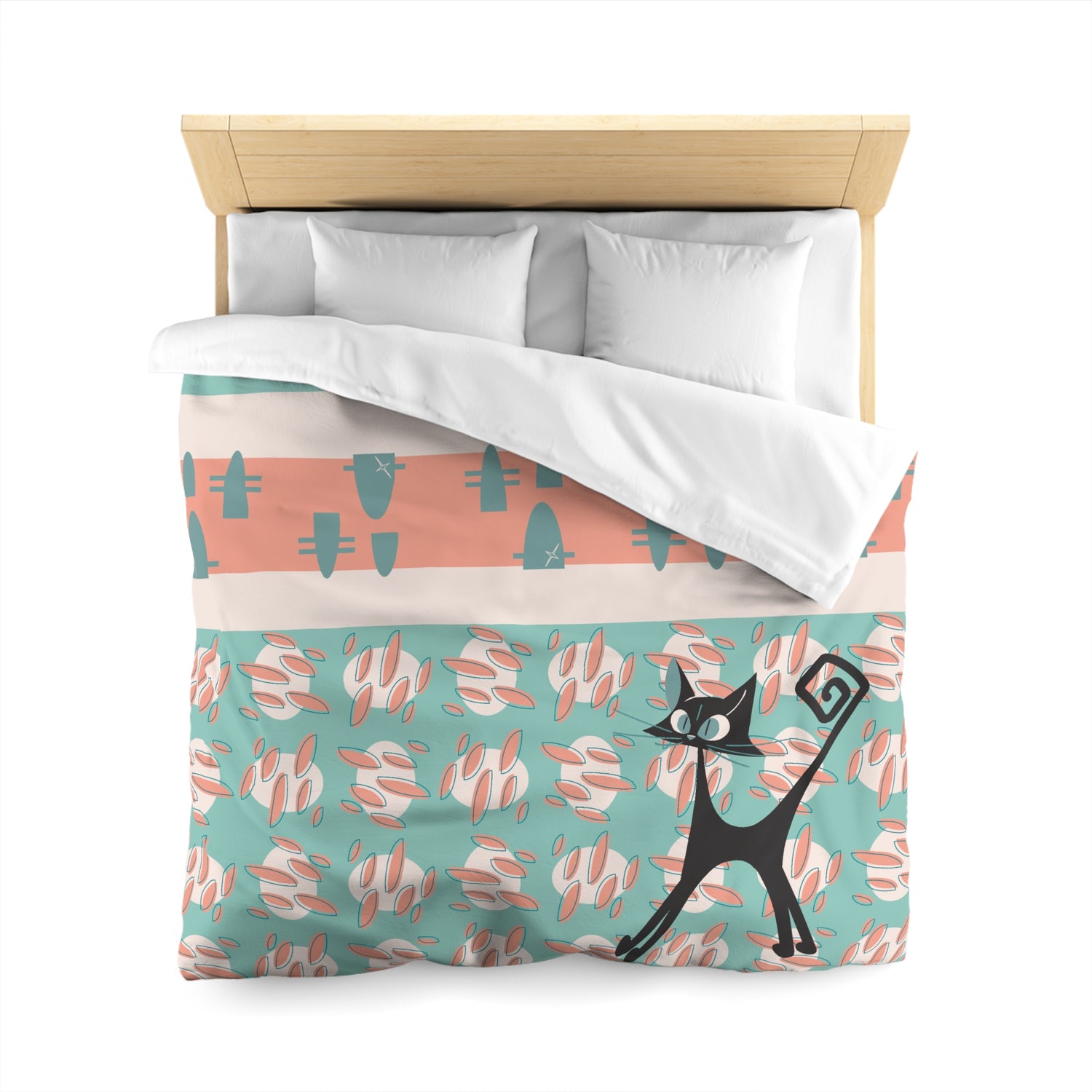 50s Nostalgic Atomic Cat Mid Century Modern Aqua, Coral Pink Peach, Kitschy Mid Century Modern  Duvet Cover - Mid Century Modern Gal