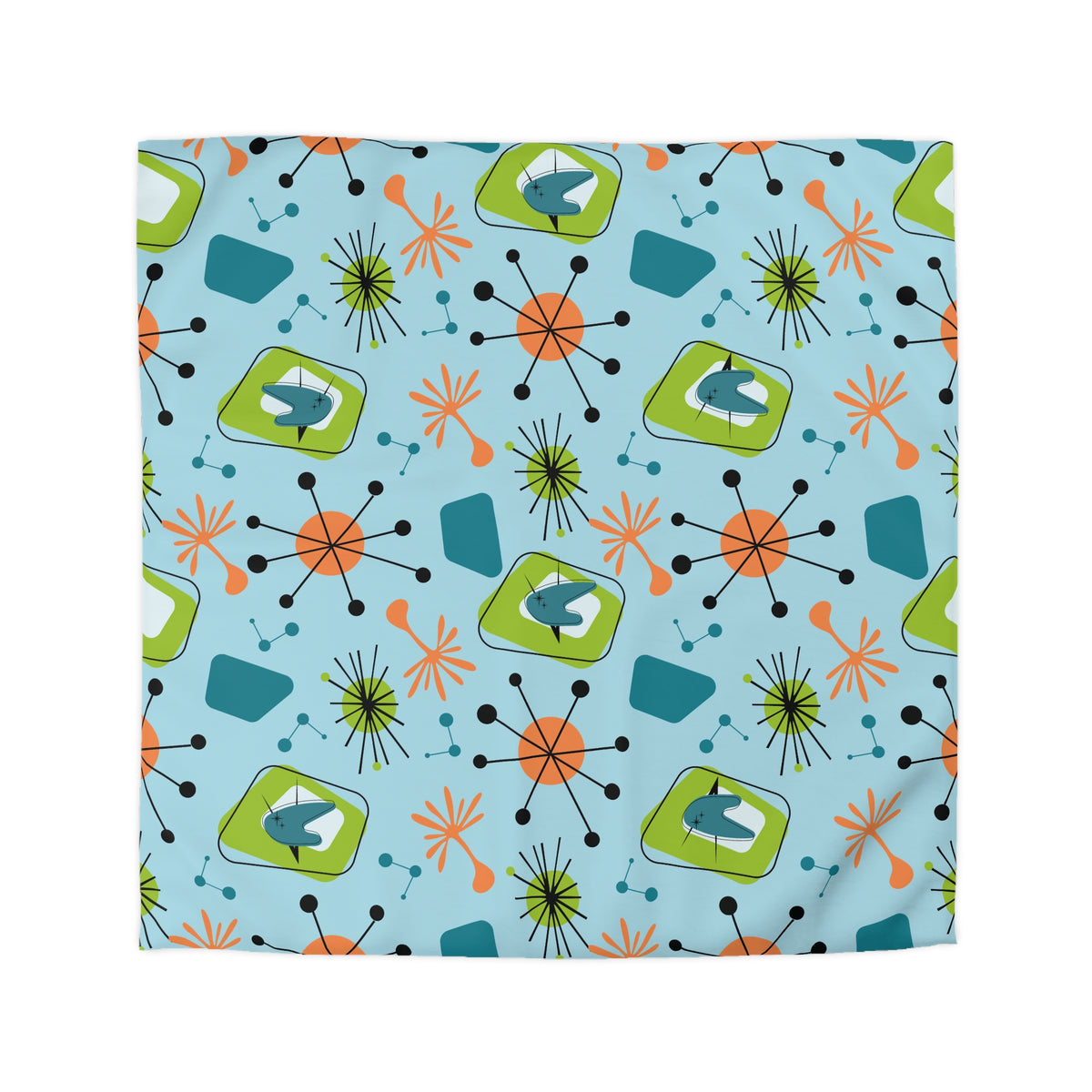 Mid Century Modern Duvet Cover, Atomic Starbursts Boomerangs, Orange, Blue, Green Duvet Cover - Mid Century Modern Gal