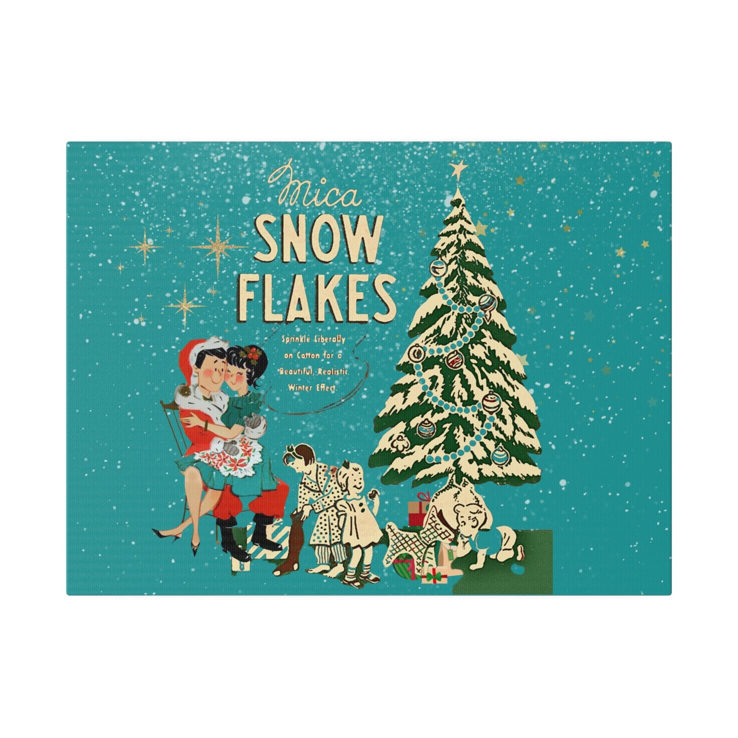 Mid Century Modern Kitschy Christmas Mantel Wall Art, Teal Blue, Mica Snow 50s Mod Couple Christmas Scene Canvas Art - Mid Century Modern Gal