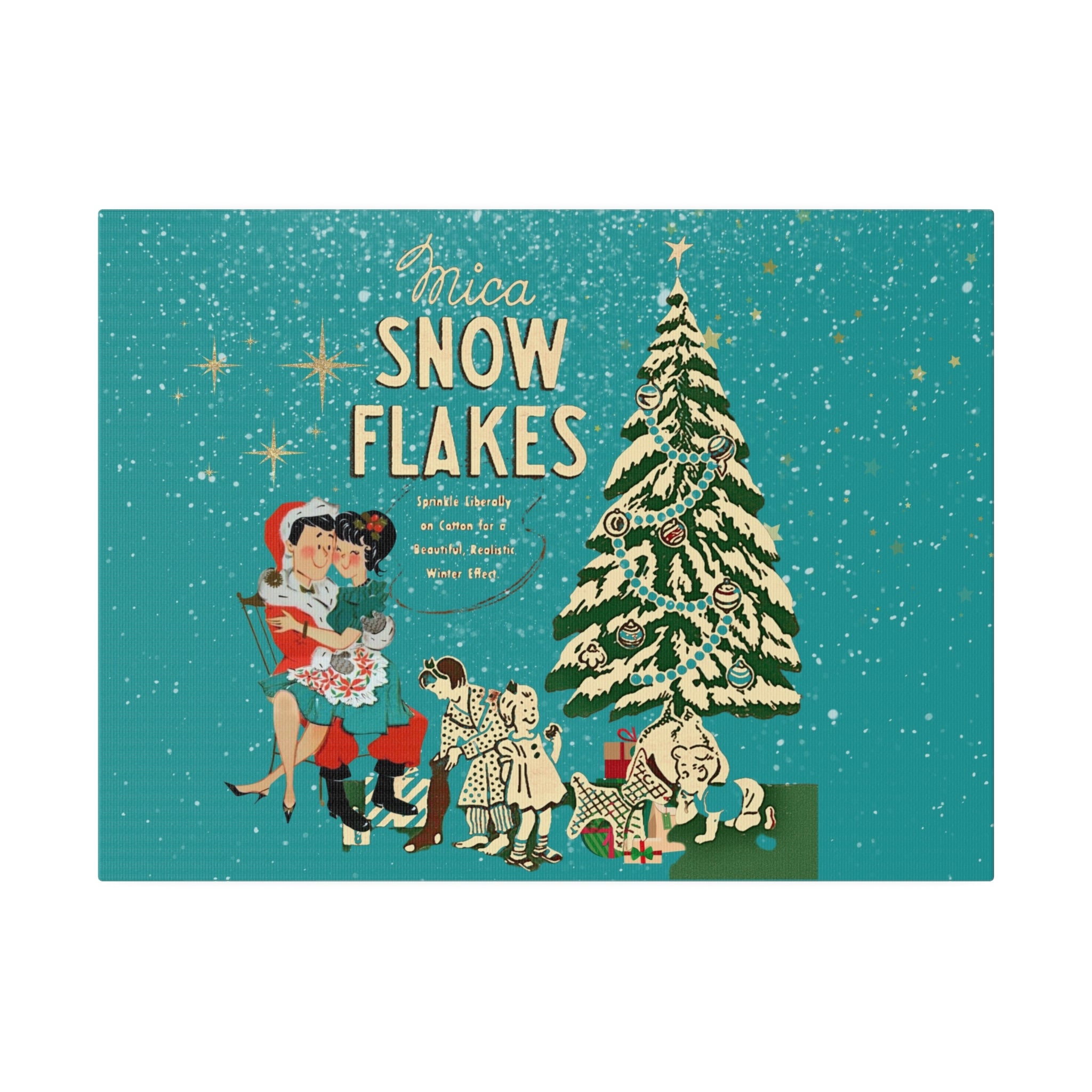Mid Century Modern Kitschy Christmas Mantel Wall Art, Teal Blue, Mica Snow 50s Mod Couple Christmas Scene Canvas Art - Mid Century Modern Gal