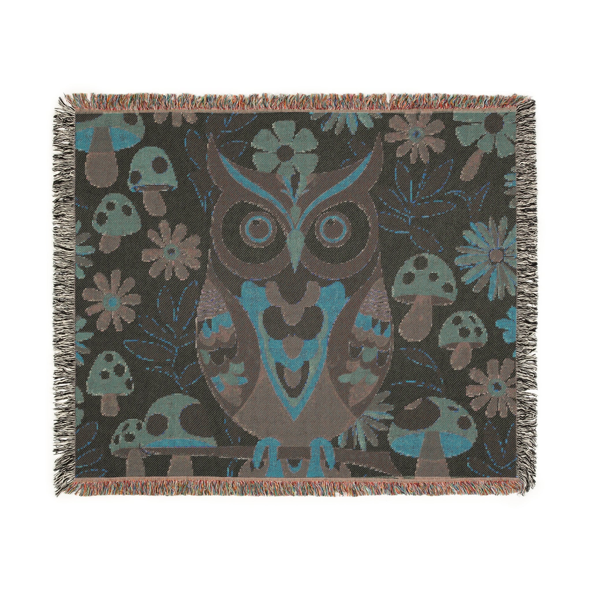 Retro Owl, Groovy 70s Mushroom Mid Mod Owl Woven Blanket - Cozy Home Decor for Nature Lovers - Mid Century Modern Gal