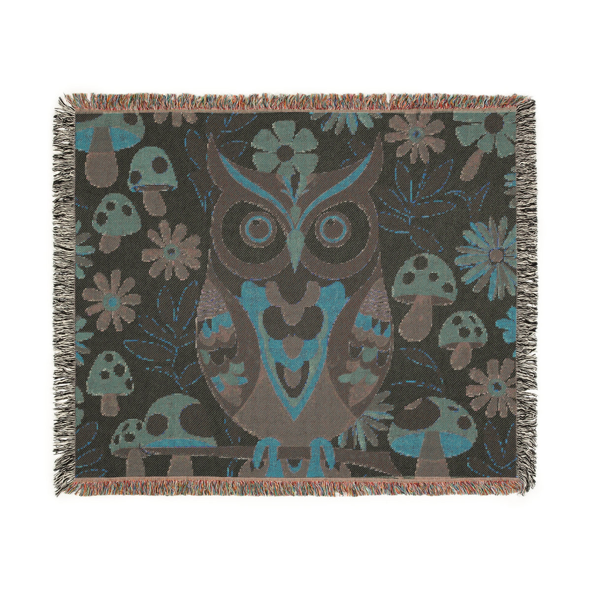 Retro Owl, Groovy 70s Mushroom Mid Mod Owl Woven Blanket - Cozy Home Decor for Nature Lovers - Mid Century Modern Gal