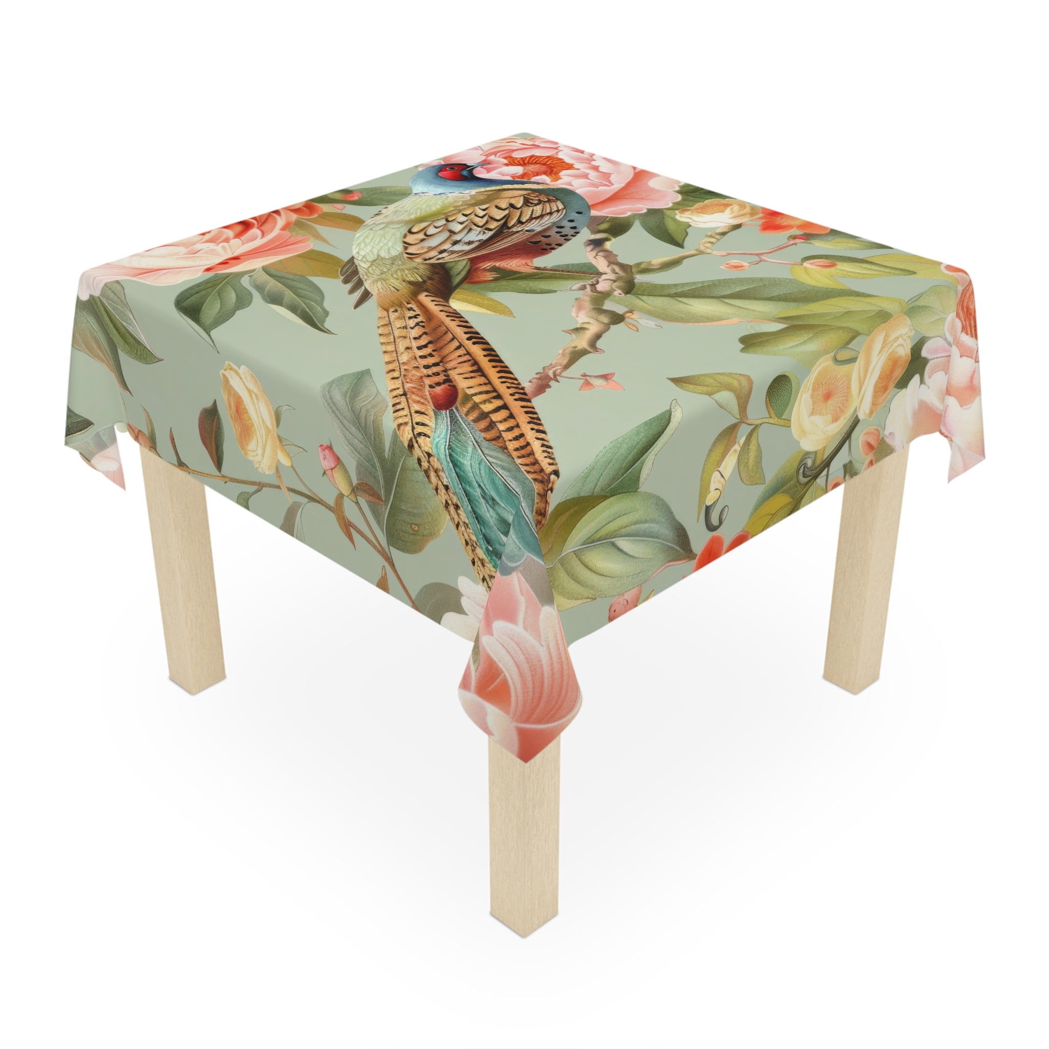 Chinoiserie Floral Pheasant Bird Tablecloth - Elegant Home Décor for Spring Celebrations - Mid Century Modern Gal