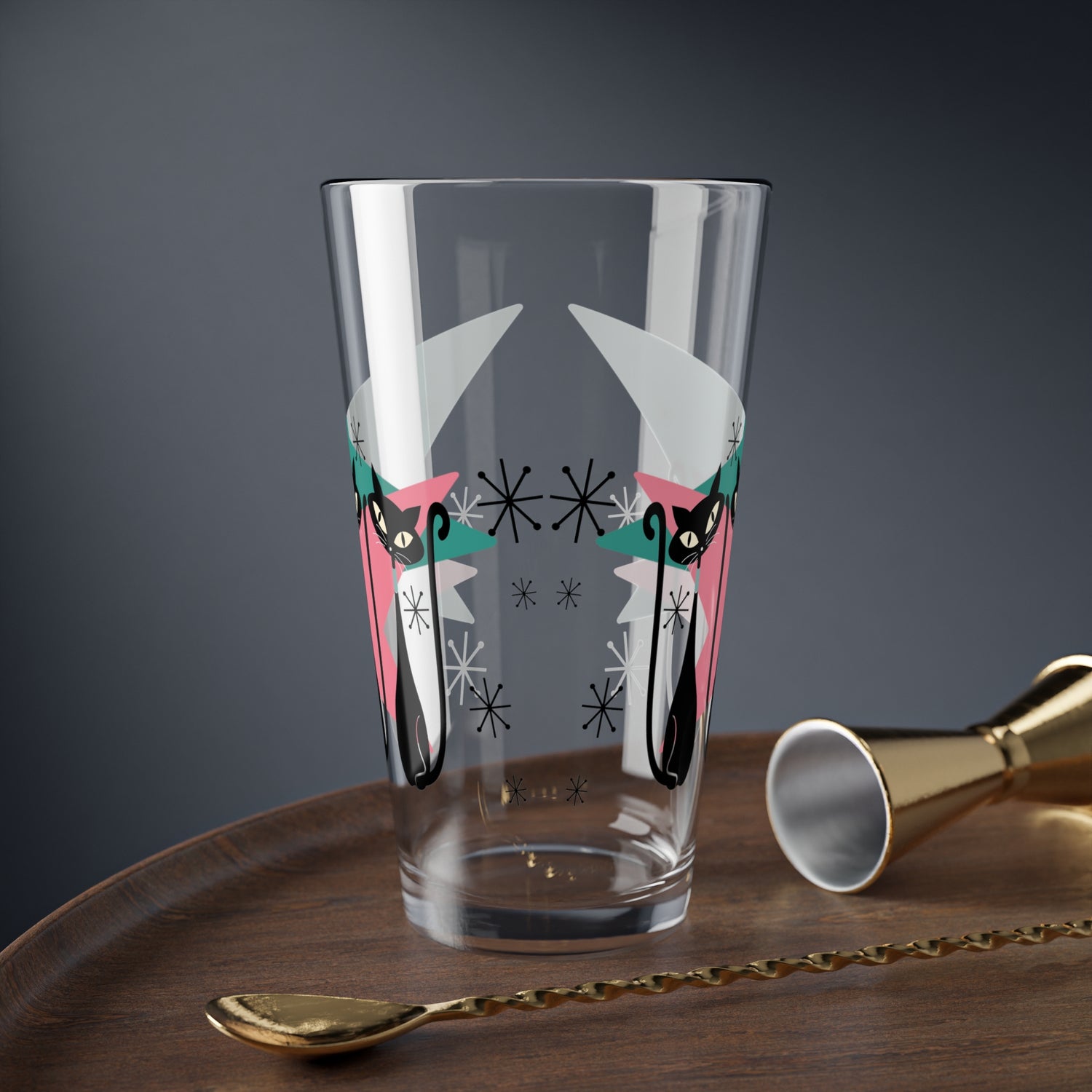 50s Atomic Cats, Kitschy Mid Century Modern Glass, Pink, Teal, Starbursts Shaker, Cocktail, Mocktail MCM Party Drinkware - Mid Century Modern Gal
