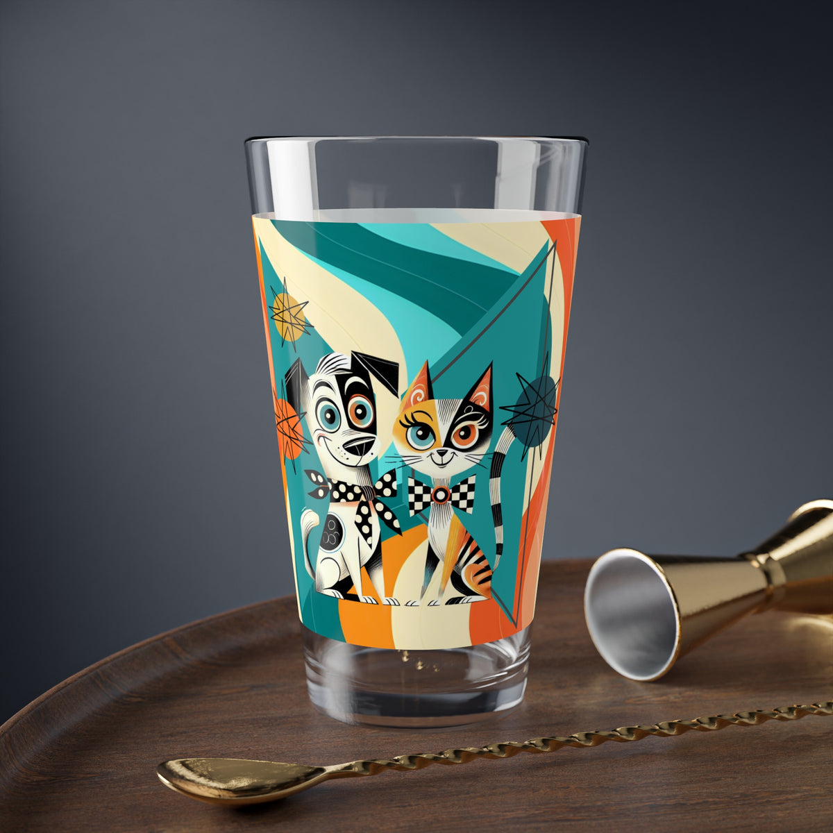 Mid Century Modern Barcart, MCM Glassware, Kitschy Mod Dog, Atomic Cat, Retro Barware Mixing Glass, 16oz - Mid Century Modern Gal