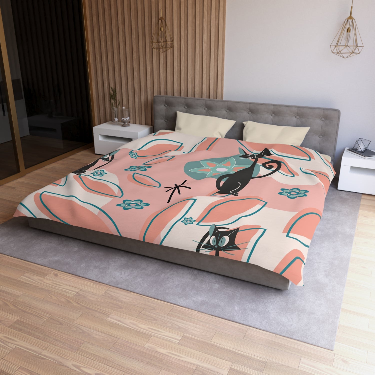 Atomic Cat Mid Century Modern Bedding, Coral Peach, Kitschy Abstract, Atomic Space, MCM Kitschy 50s Duvet Cover - Mid Century Modern Gal