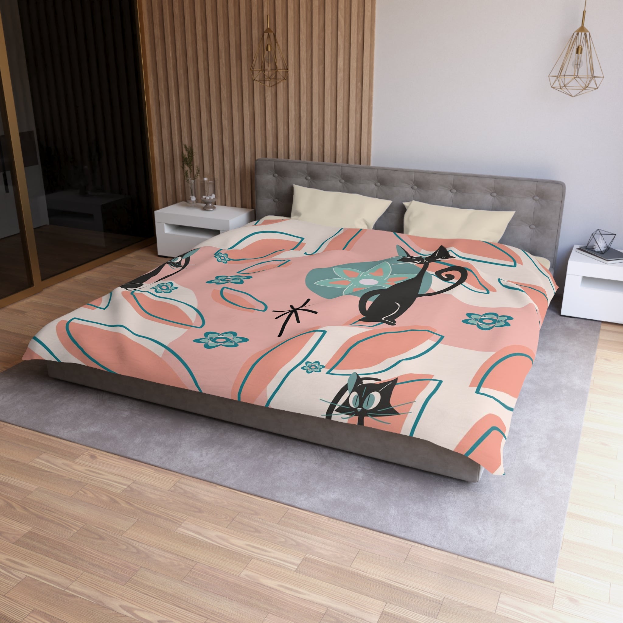 Atomic Cat Mid Century Modern Bedding, Coral Peach, Kitschy Abstract, Atomic Space, MCM Kitschy 50s Duvet Cover - Mid Century Modern Gal