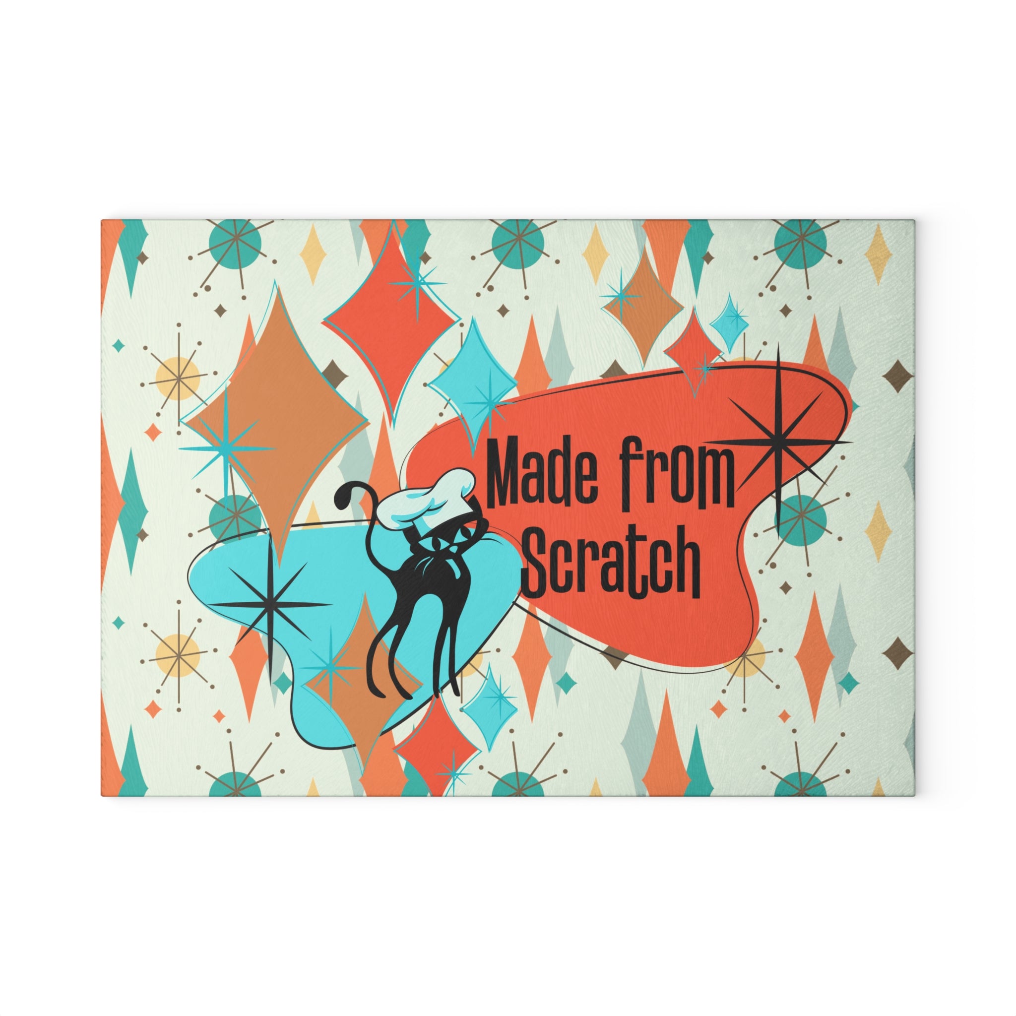Mid Century Modern Glass Cutting Board, Atomic Cat, Made From Scratch Housewarming Gift, In Francisan Starburst Pattern - Mid Century Modern Gal