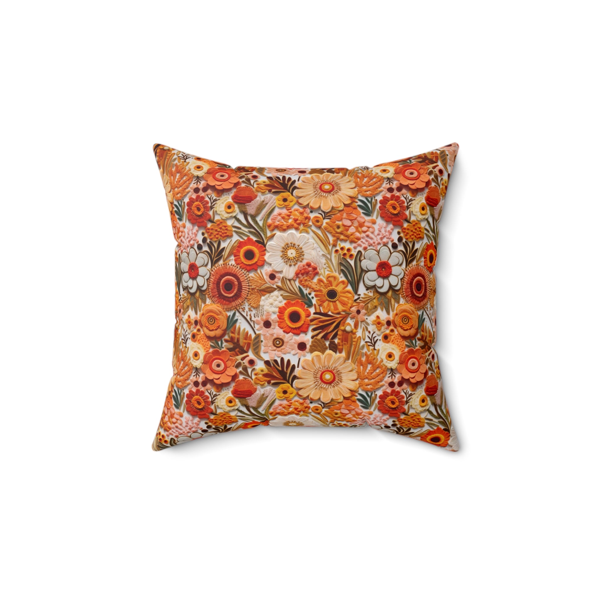 1970s Harvest Gold, Orange, Faux Embroidered Pillow And Insert - Mid Century Modern Gal