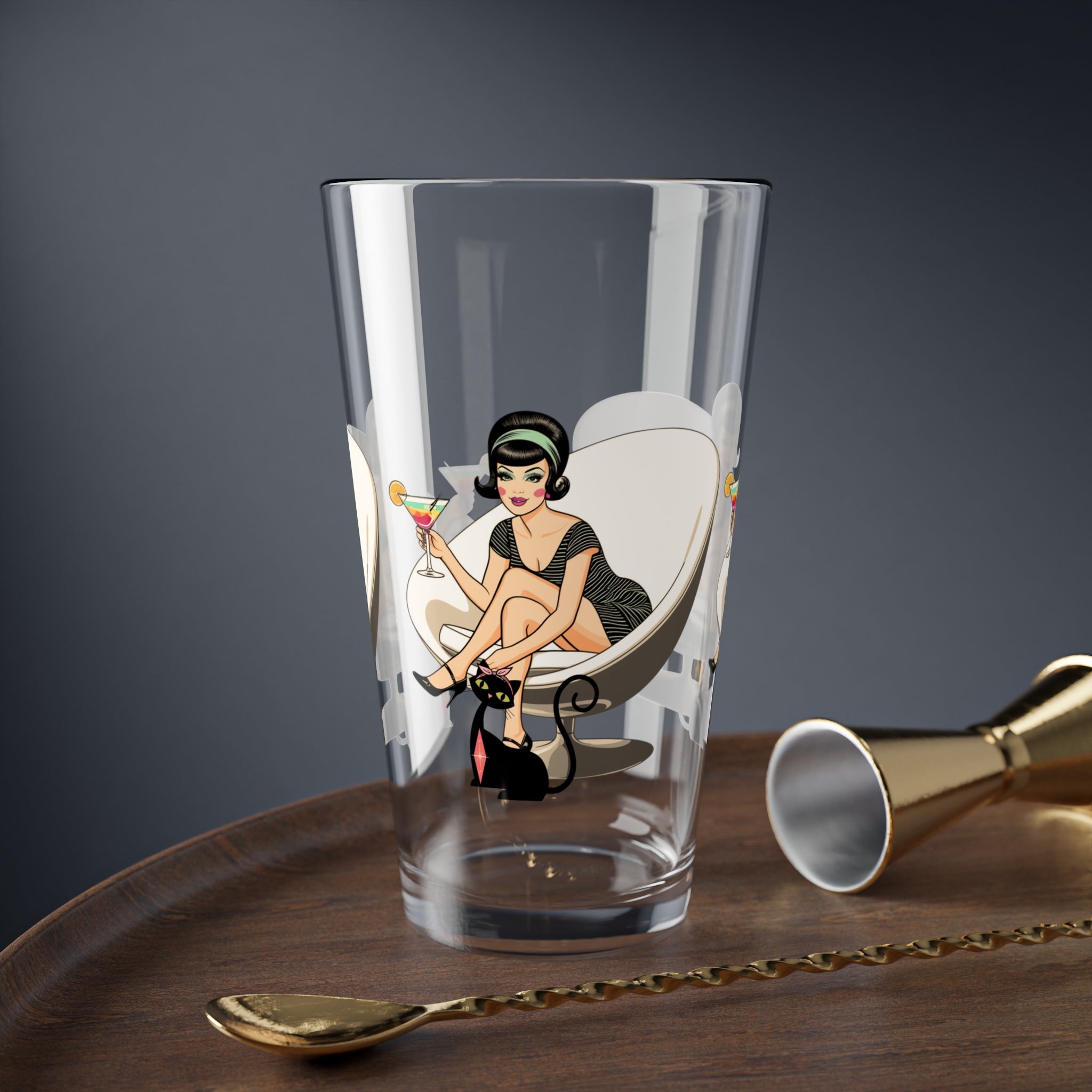 Mid Century Modern Gal, Atomic CatRetro Cocktail Glass - 16oz Stylish Barware with Mid Mod Design - Mid Century Modern Gal
