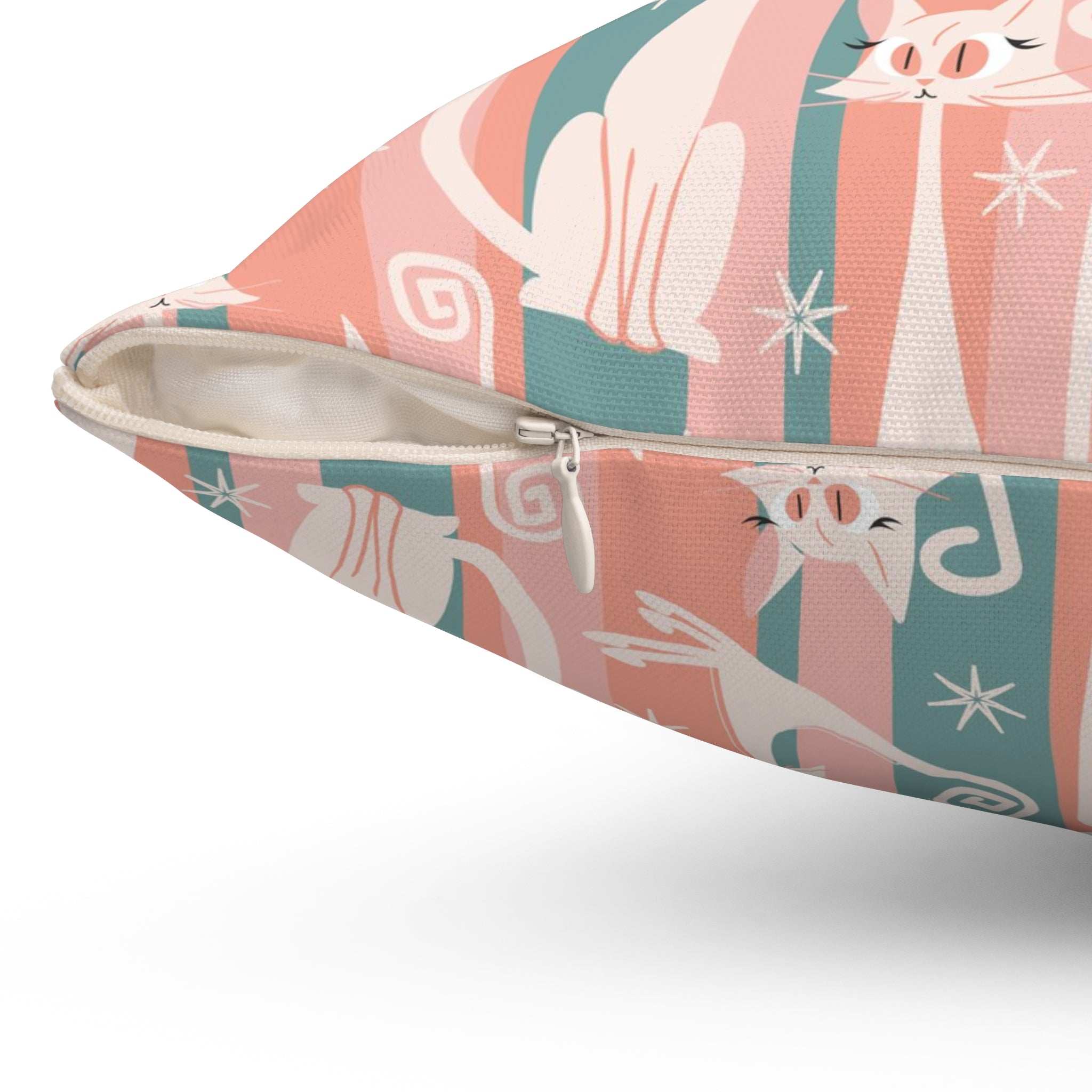 Atomic Cat Coral Pink And Aqua, Kitschy White Kitty Cat, Mid Century Modern Pillow And Insert - Mid Century Modern Gal