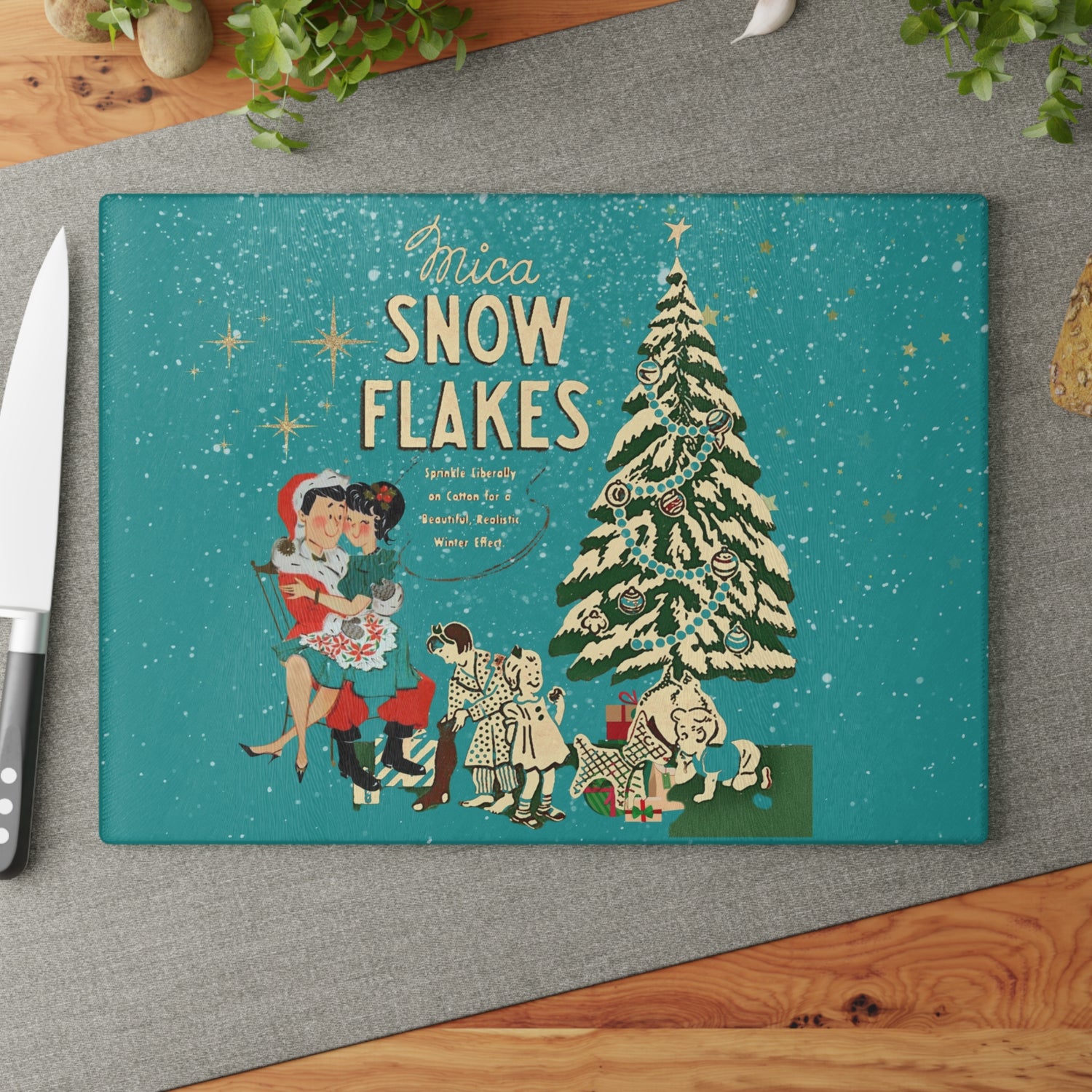 Mid Century Modern Christmas Kitsch,  50s Inspired Mica Snow Cheesboard Glass Cutting Board - Mid Century Modern Gal