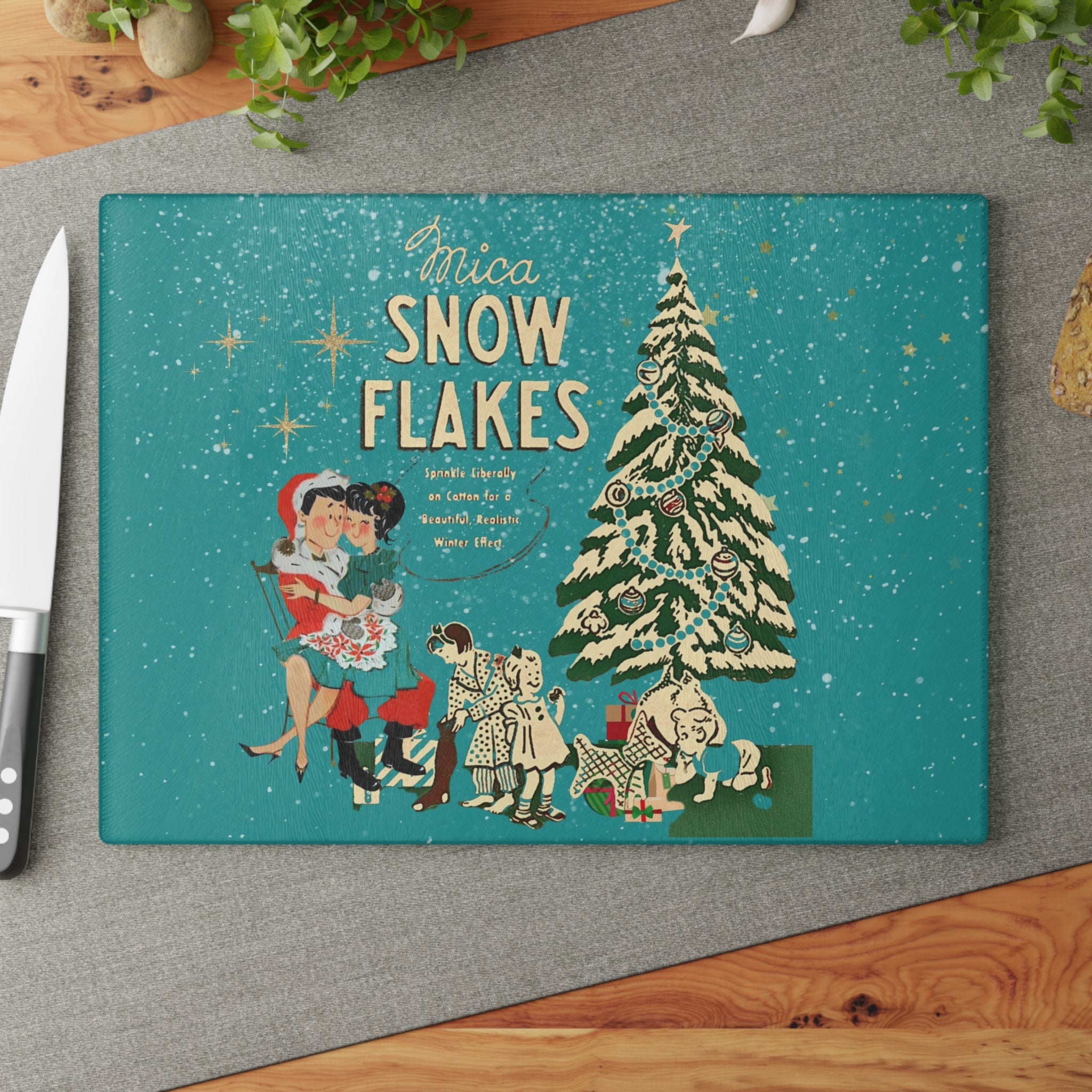 Mid Century Modern Christmas Kitsch, 50s Inspired Mica Snow Cheesboard Glass Cutting Board - Mid Century Modern Gal